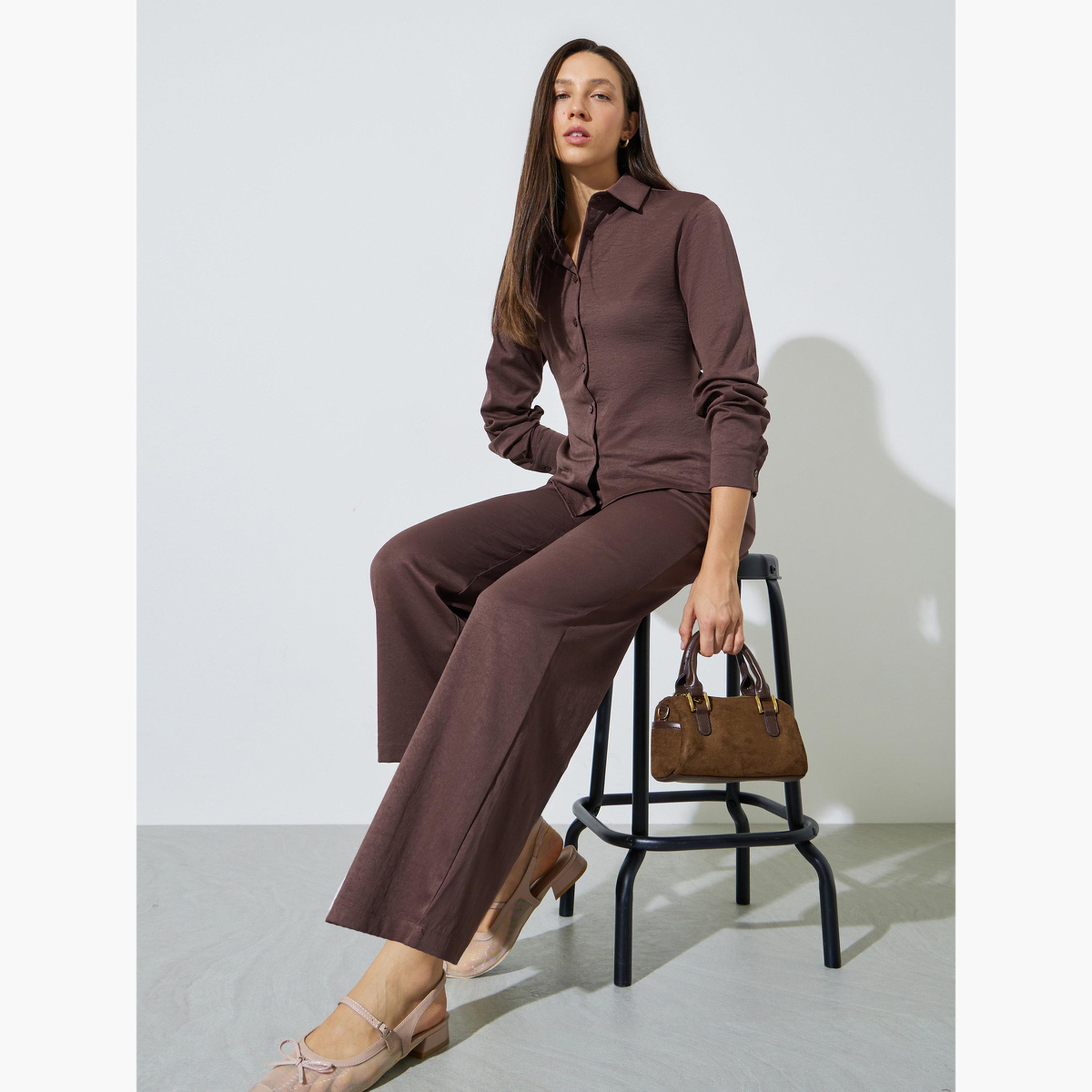 ستايلي - طقم قميص وبنطال بني سادة برباط عند الخصر-women-clothing-coordsets-image-2