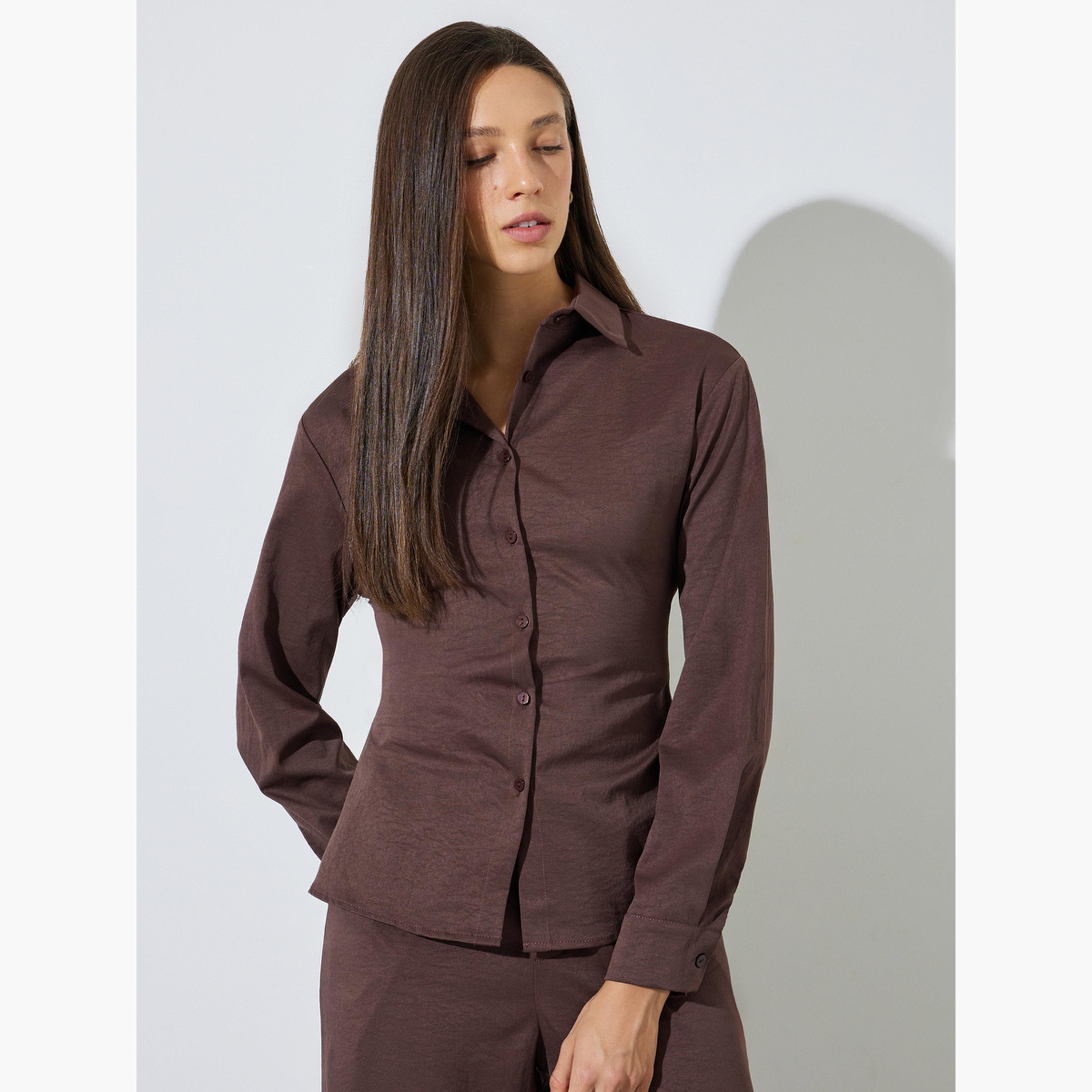 ستايلي - طقم قميص وبنطال بني سادة برباط عند الخصر-women-clothing-coordsets-image-3