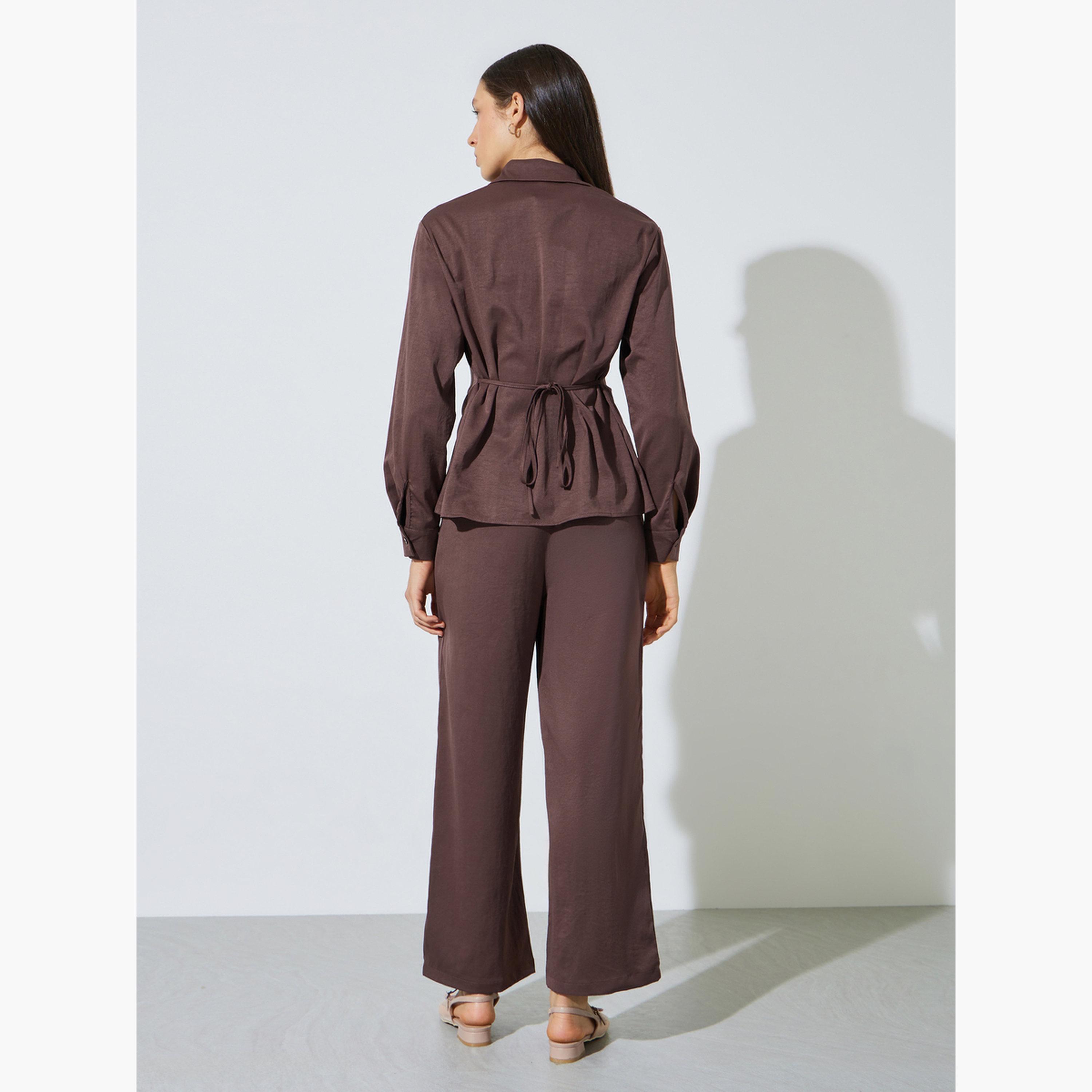 ستايلي - طقم قميص وبنطال بني سادة برباط عند الخصر-women-clothing-coordsets-image-4