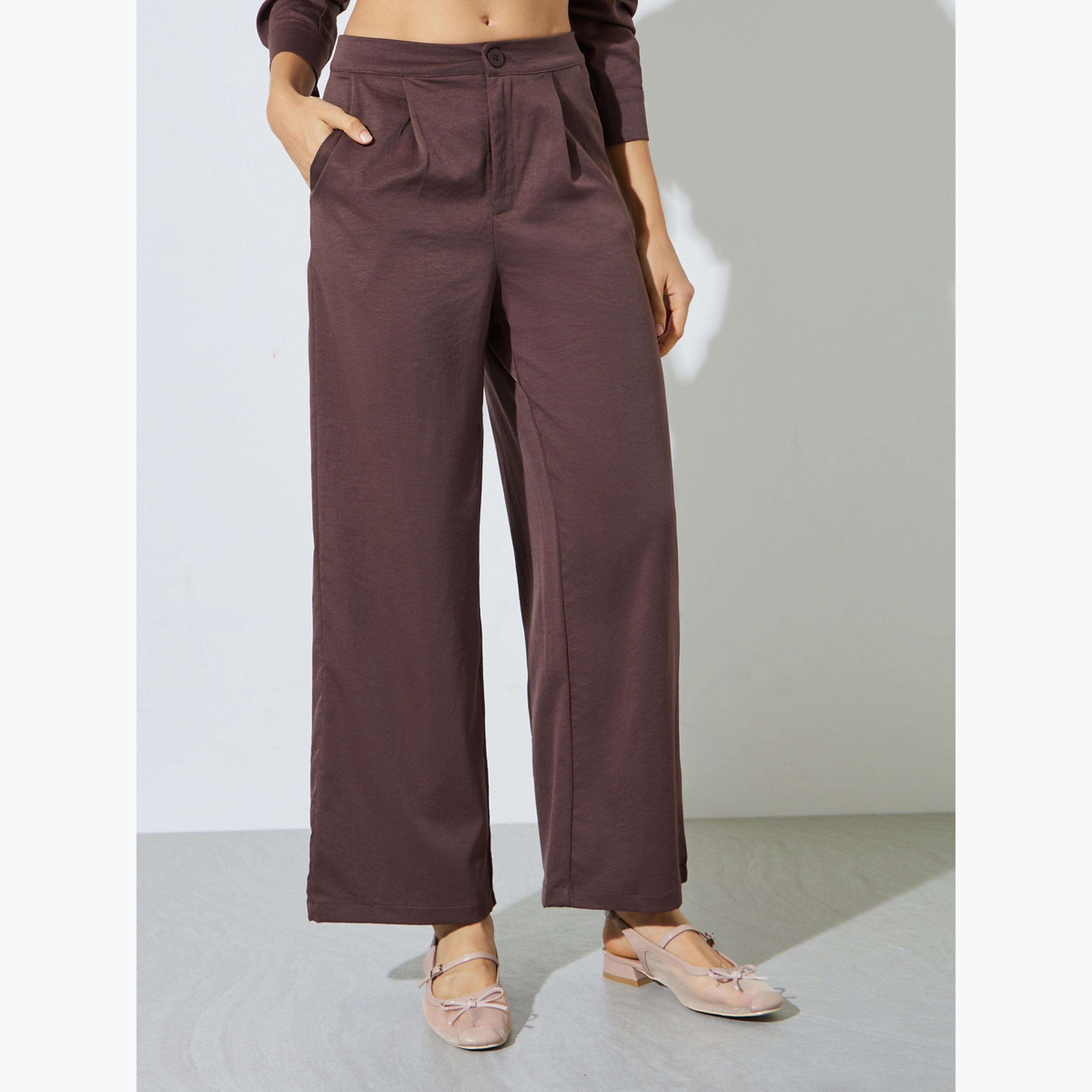 ستايلي - طقم قميص وبنطال بني سادة برباط عند الخصر-women-clothing-coordsets-image-5
