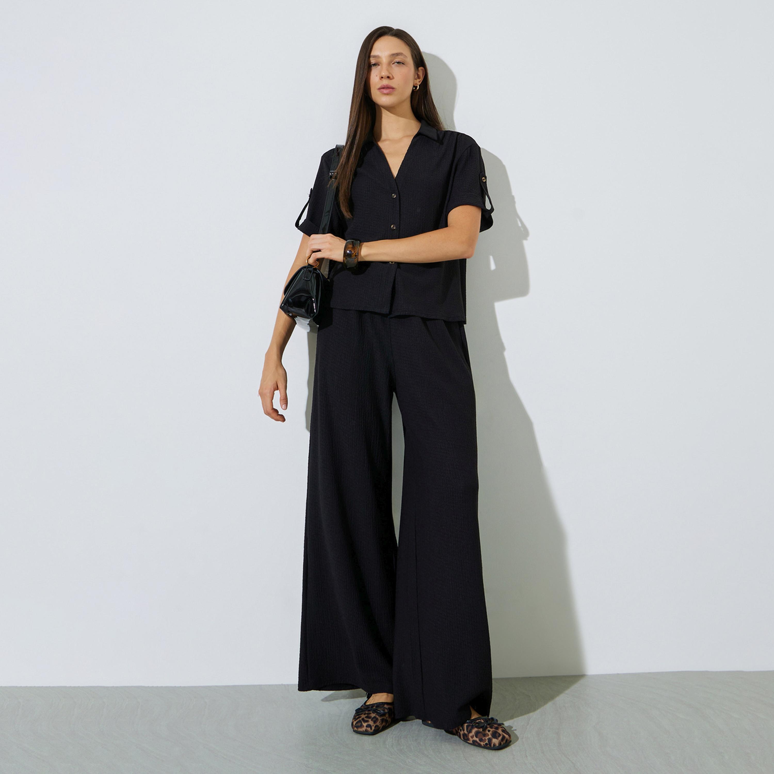 Styli Black Textured Open Collar Shirt and Pants Co-ord Set-women-clothing-coordsets-image-1