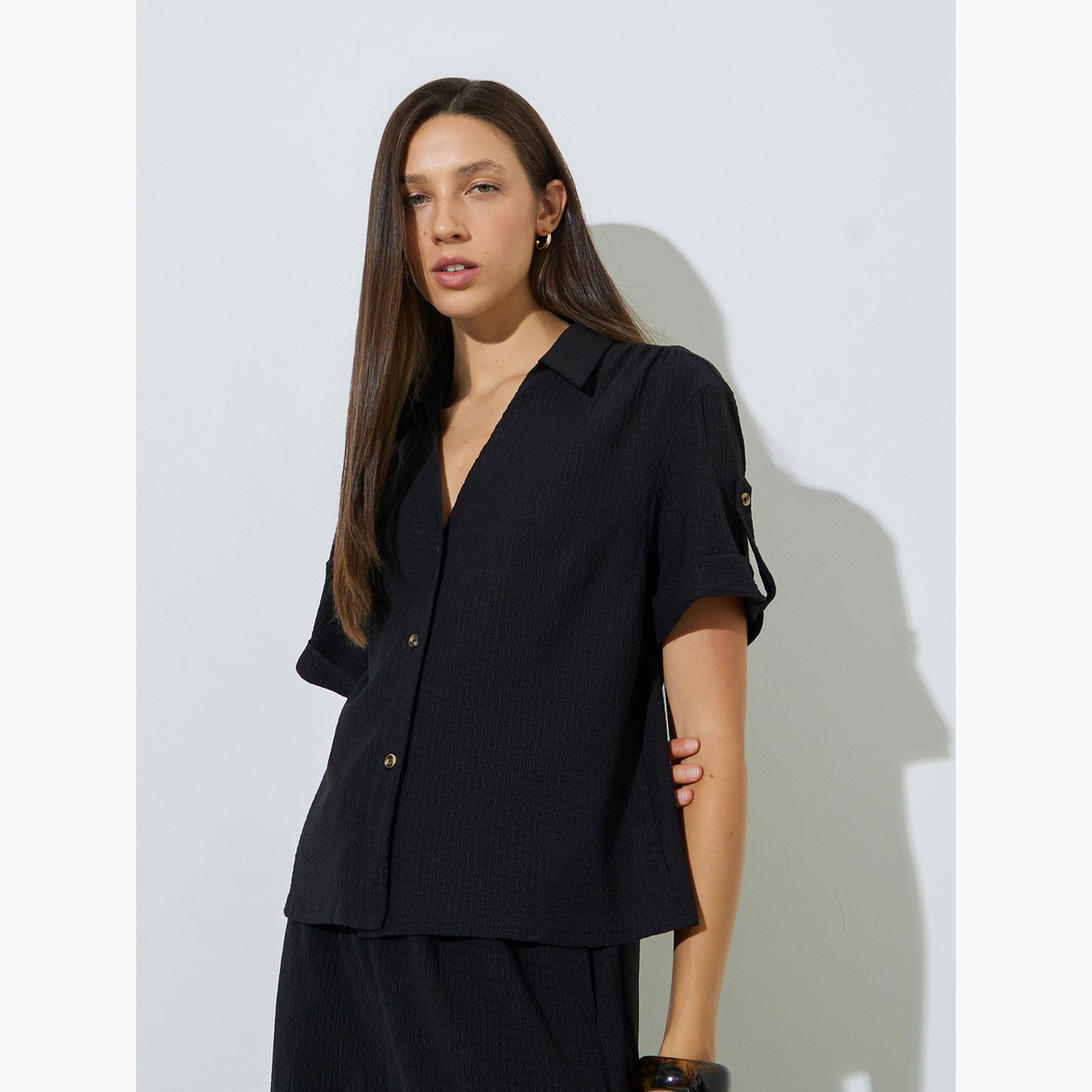 Styli Black Textured Open Collar Shirt and Pants Co-ord Set-women-clothing-coordsets-image-2