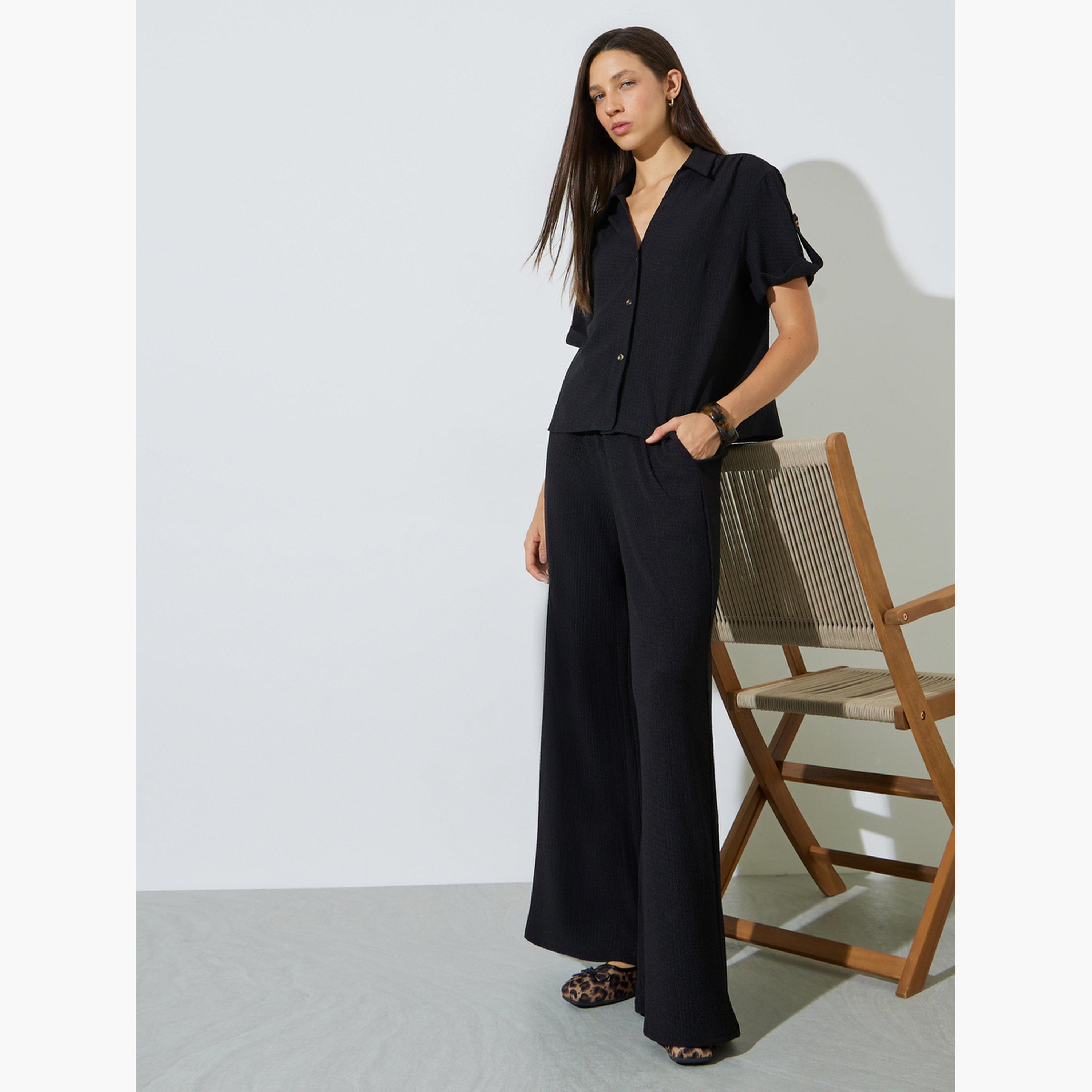 Styli Black Textured Open Collar Shirt and Pants Co-ord Set-women-clothing-coordsets-image-3