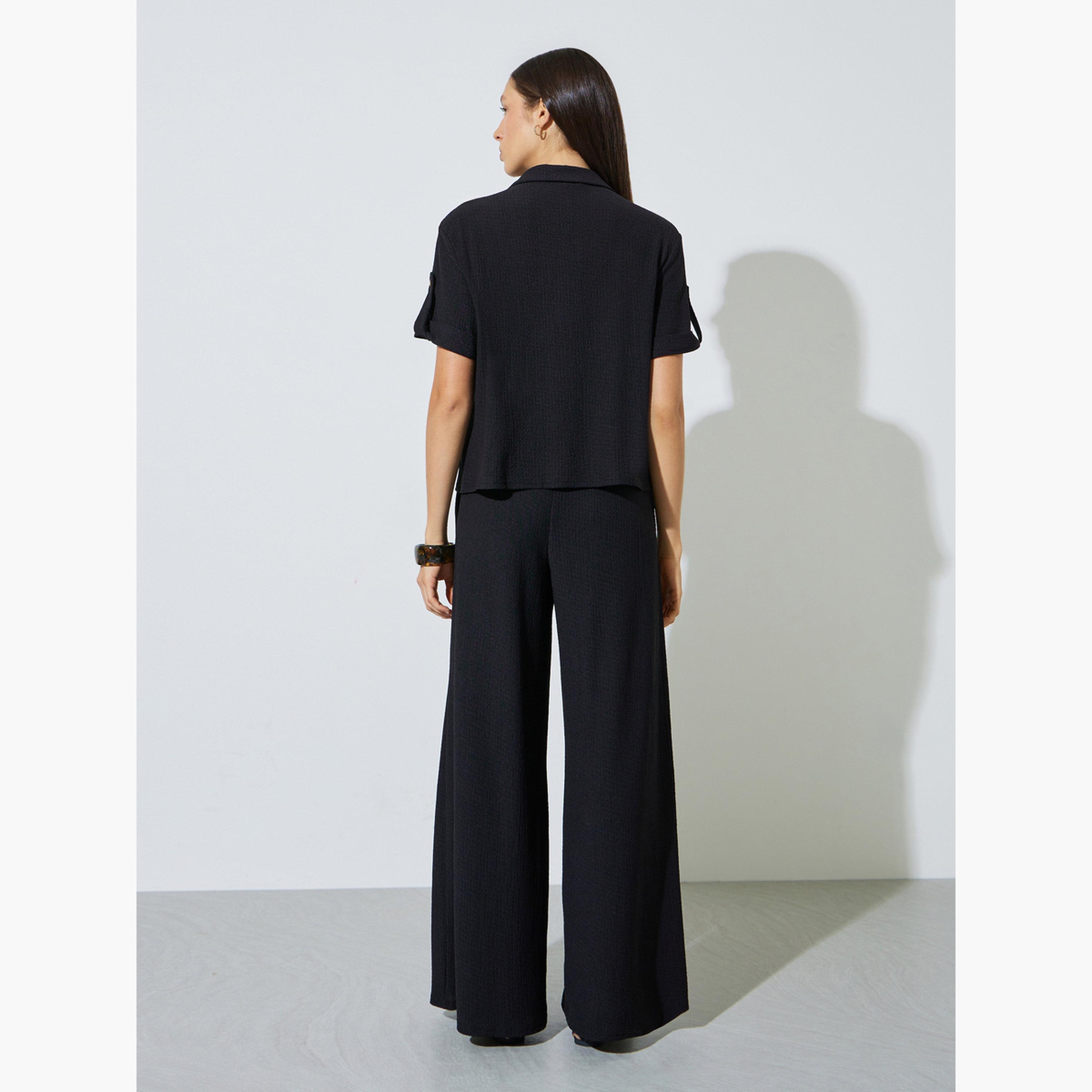 Styli Black Textured Open Collar Shirt and Pants Co-ord Set-women-clothing-coordsets-image-4