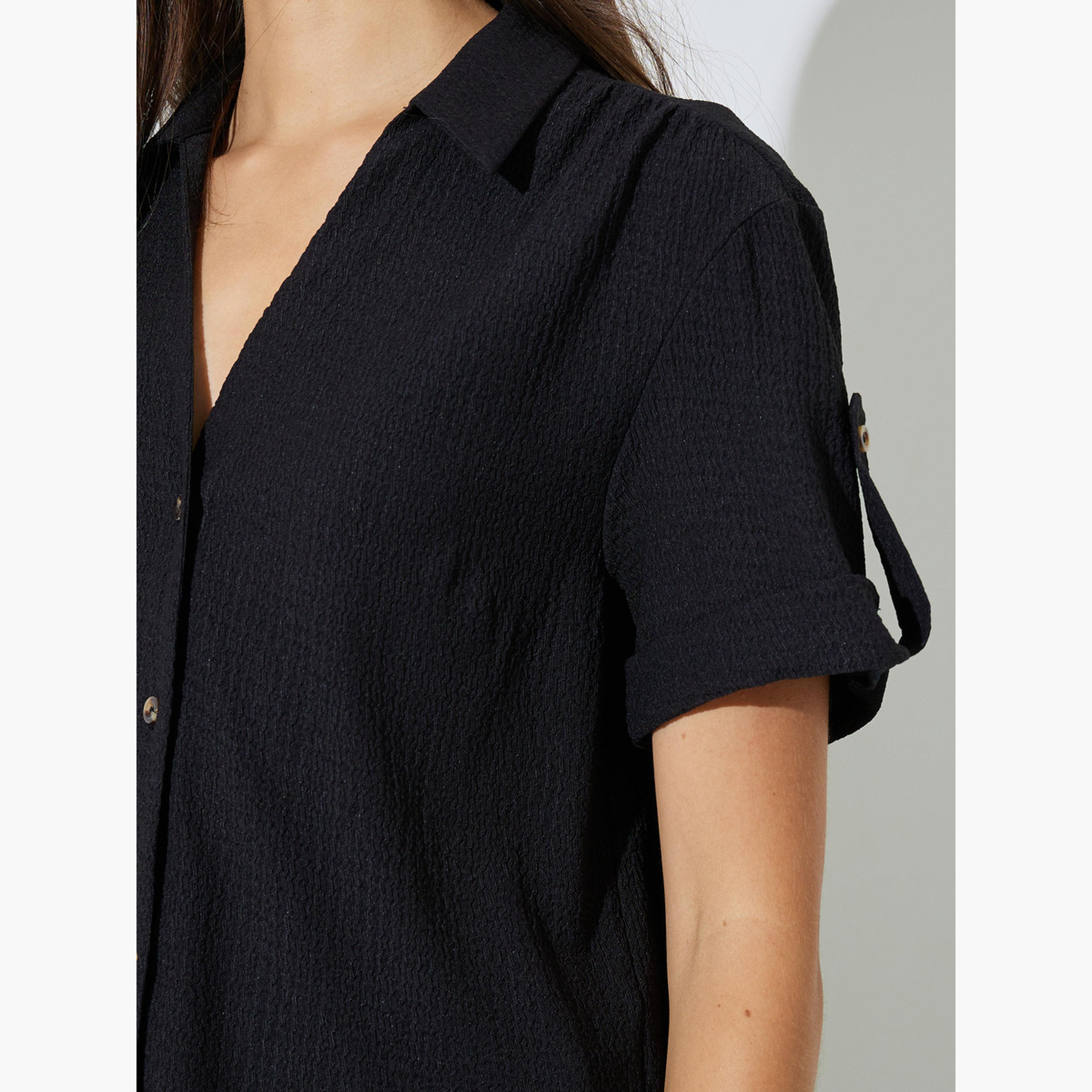Styli Black Textured Open Collar Shirt and Pants Co-ord Set-women-clothing-coordsets-image-6