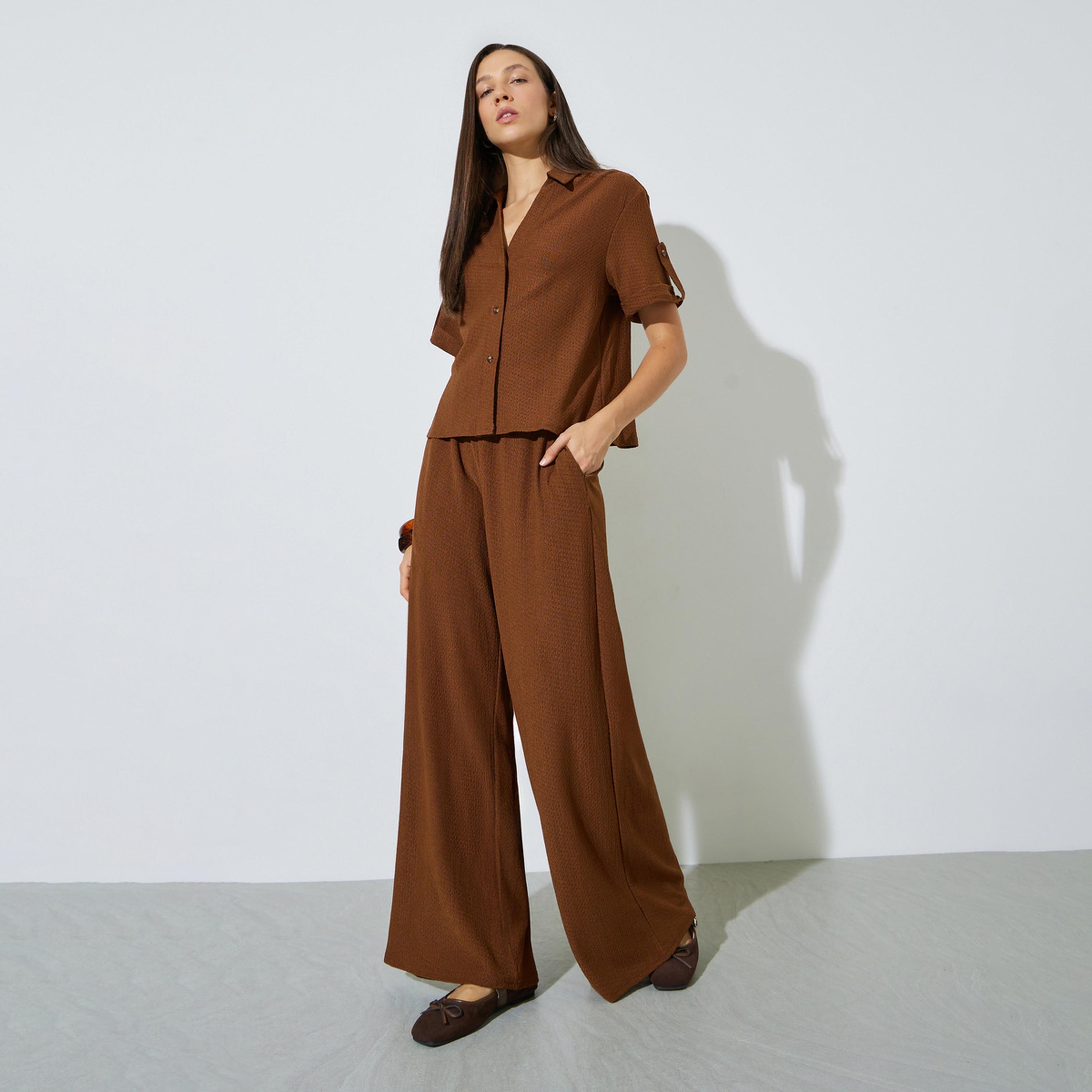Styli Brown Textured Open Collar Shirt and Pants Co-ord Set-women-clothing-coordsets-image-1