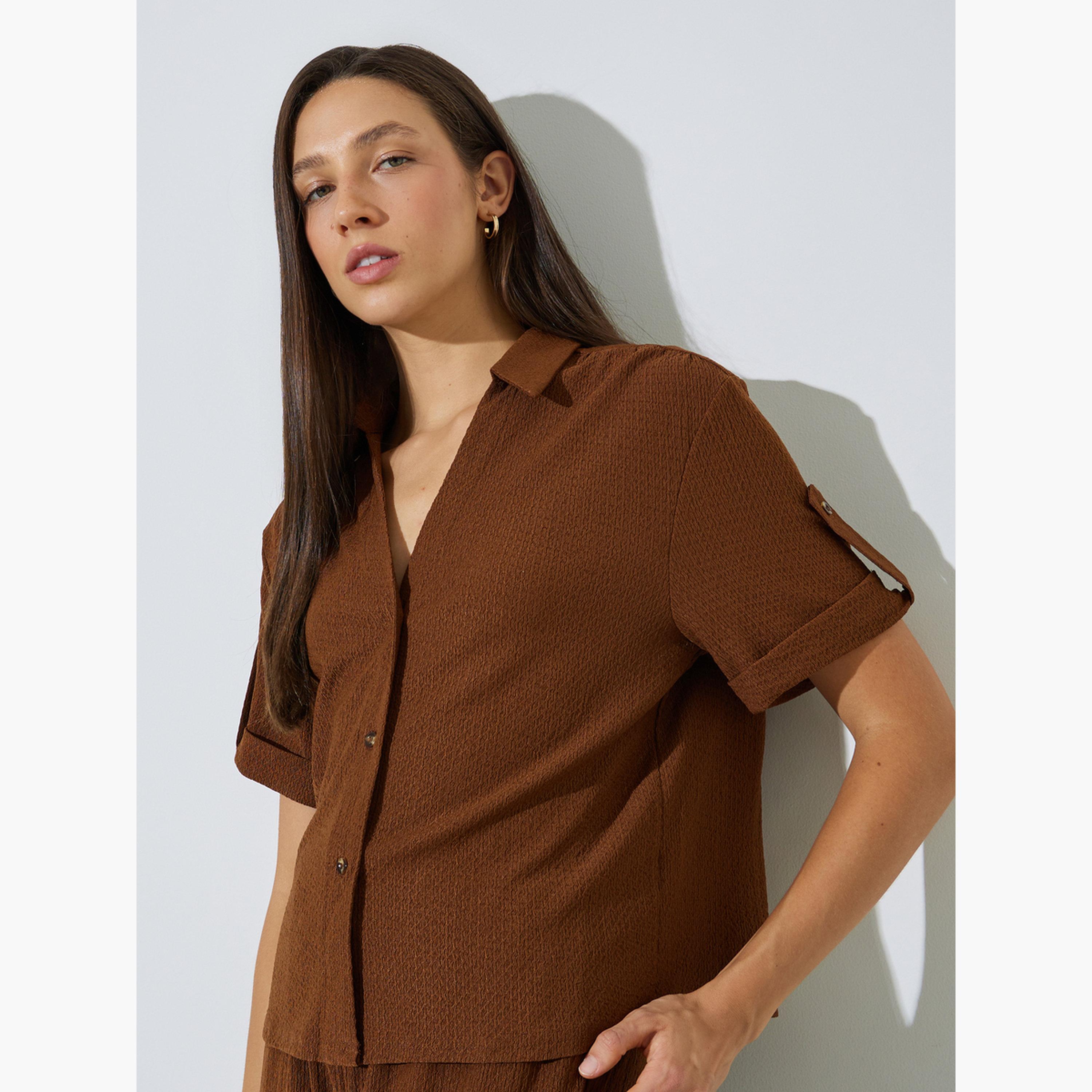 Styli Brown Textured Open Collar Shirt and Pants Co-ord Set-women-clothing-coordsets-image-3