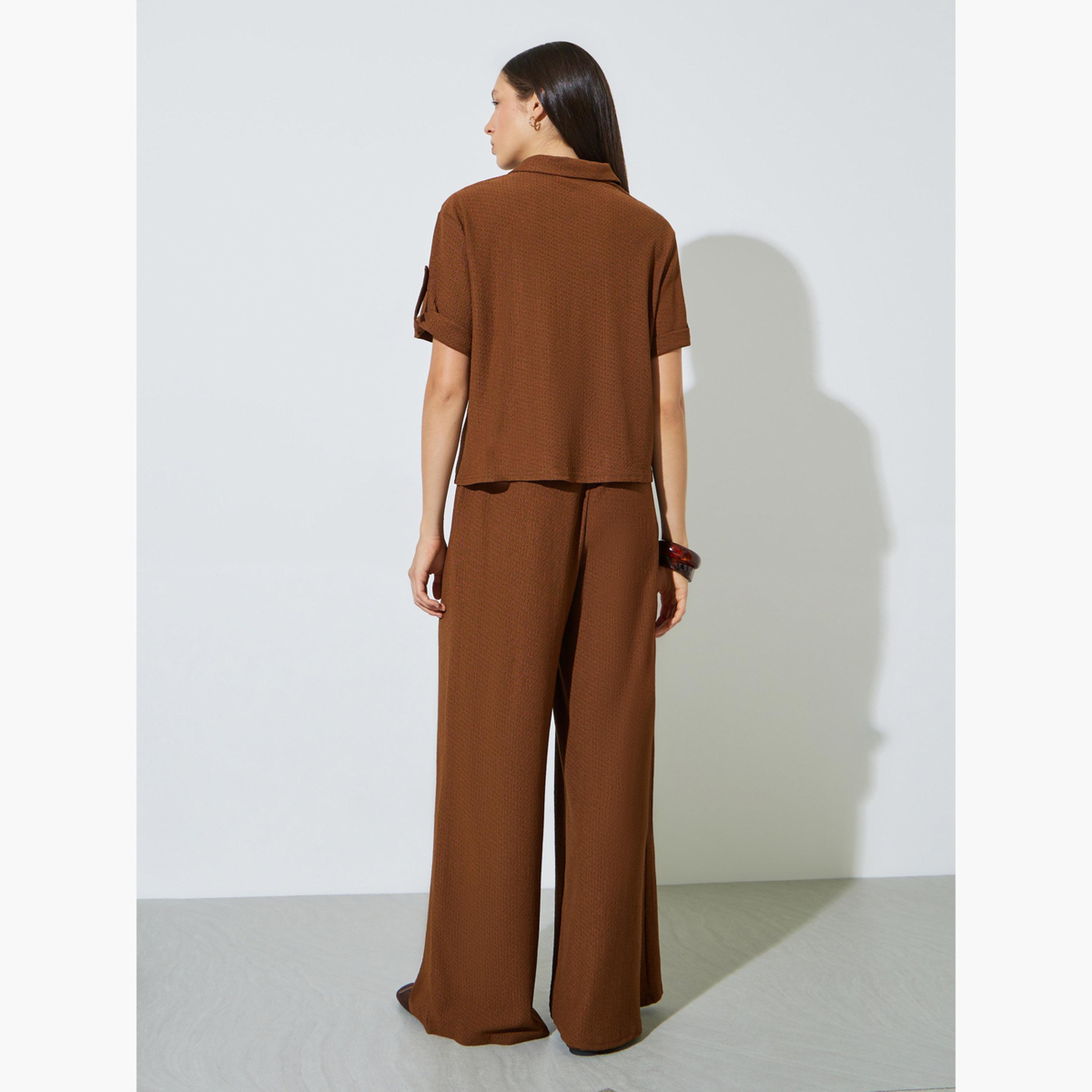 Styli Brown Textured Open Collar Shirt and Pants Co-ord Set-women-clothing-coordsets-image-4