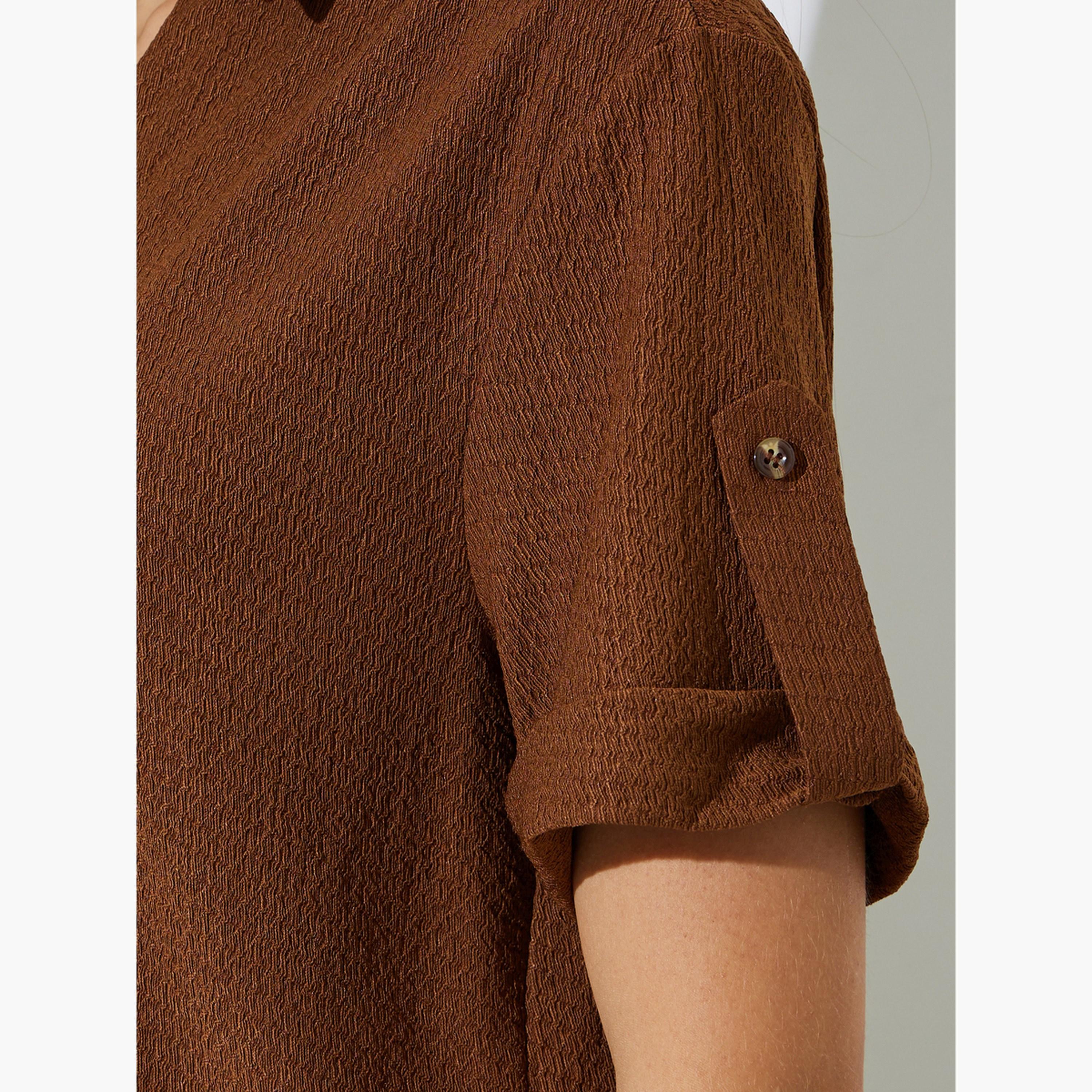 Styli Brown Textured Open Collar Shirt and Pants Co-ord Set-women-clothing-coordsets-image-6