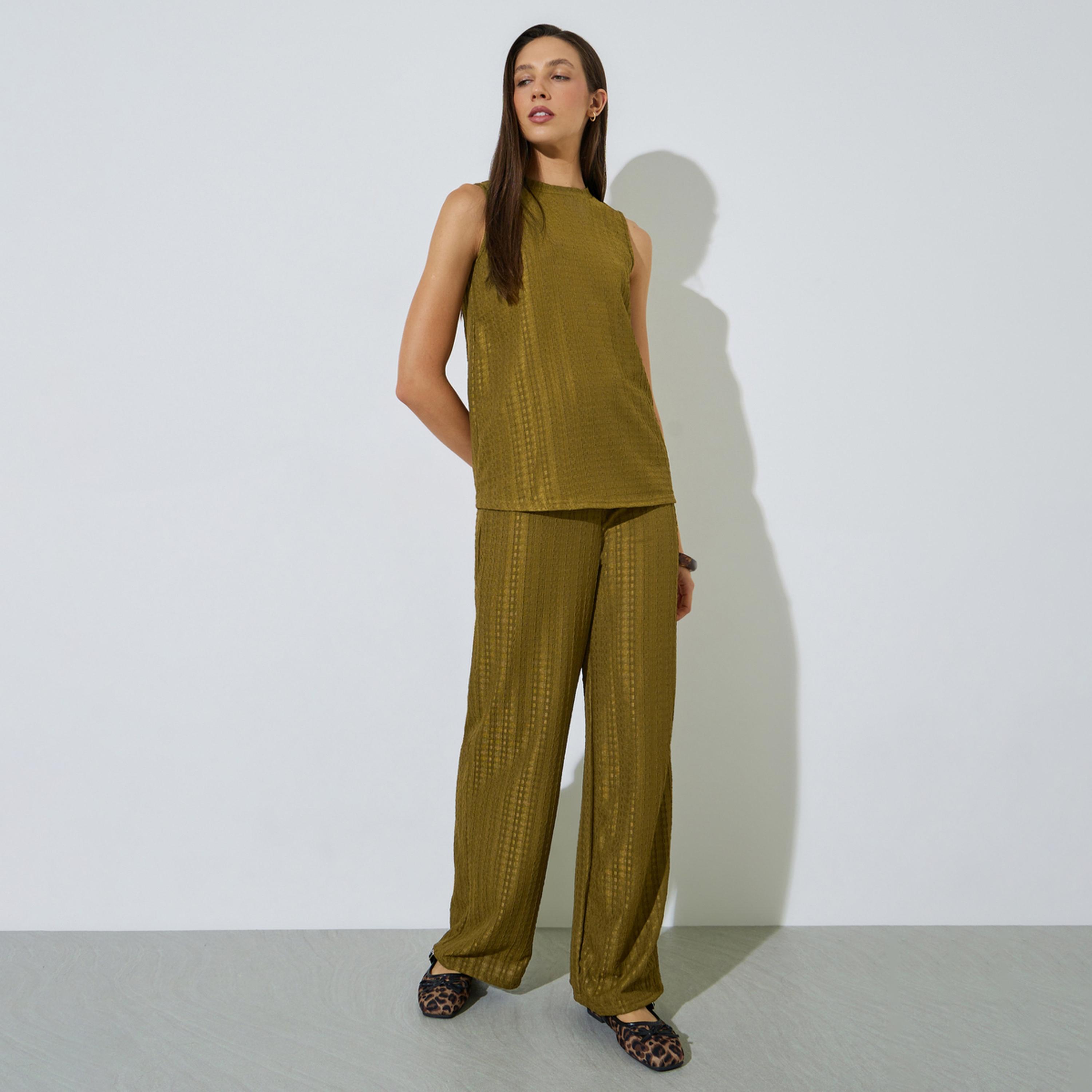 Styli Olive Sleeveless Textured Top and Trousers Co-ord Set-women-clothing-coordsets-image-1