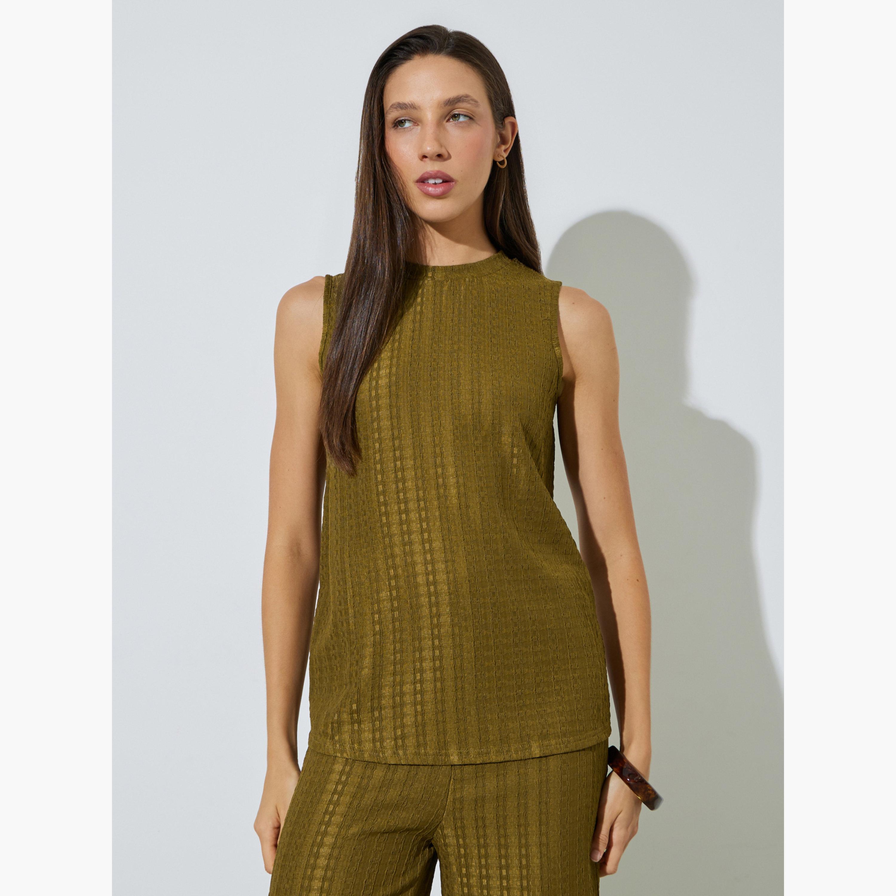 Styli Olive Sleeveless Textured Top and Trousers Co-ord Set-women-clothing-coordsets-image-2