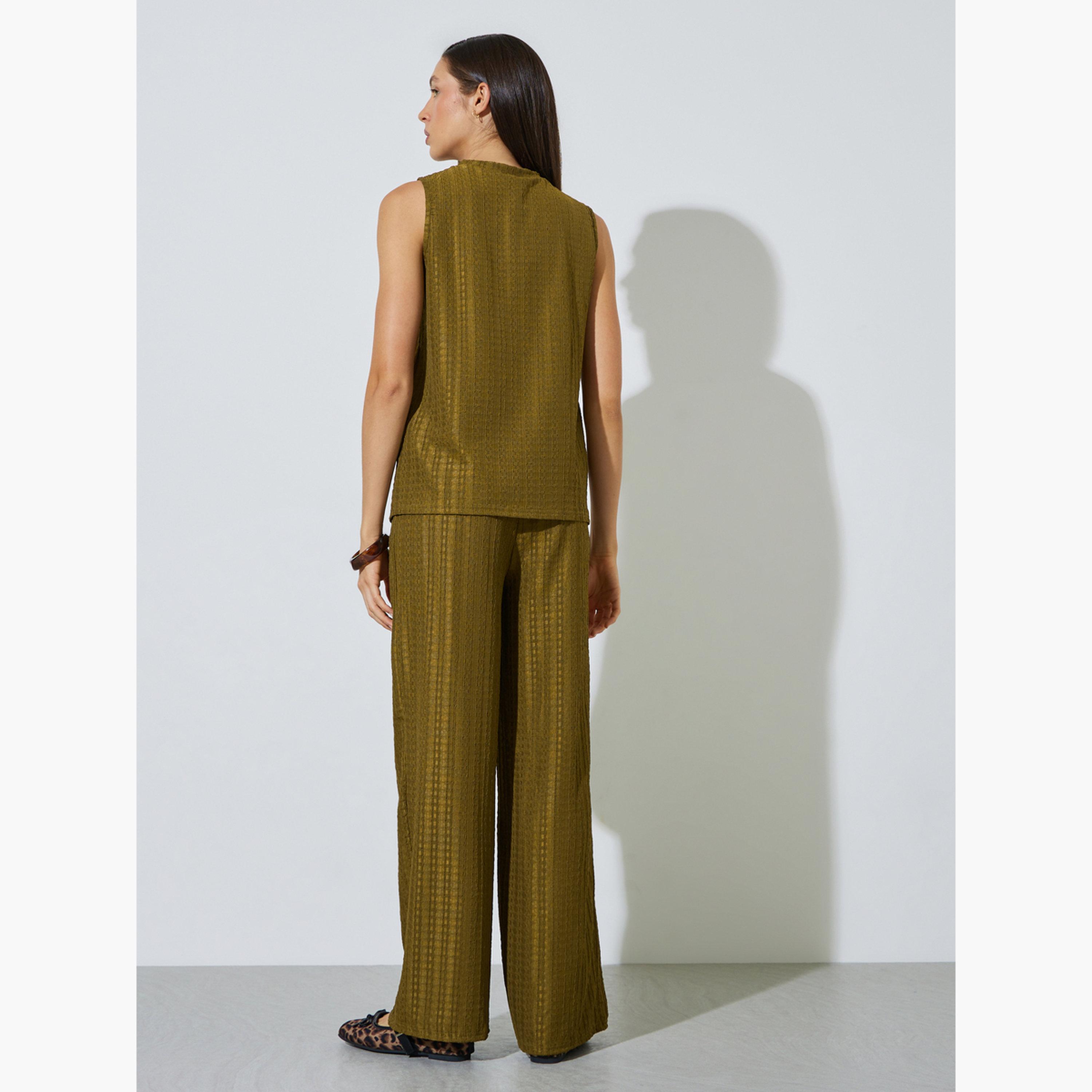 Styli Olive Sleeveless Textured Top and Trousers Co-ord Set-women-clothing-coordsets-image-3