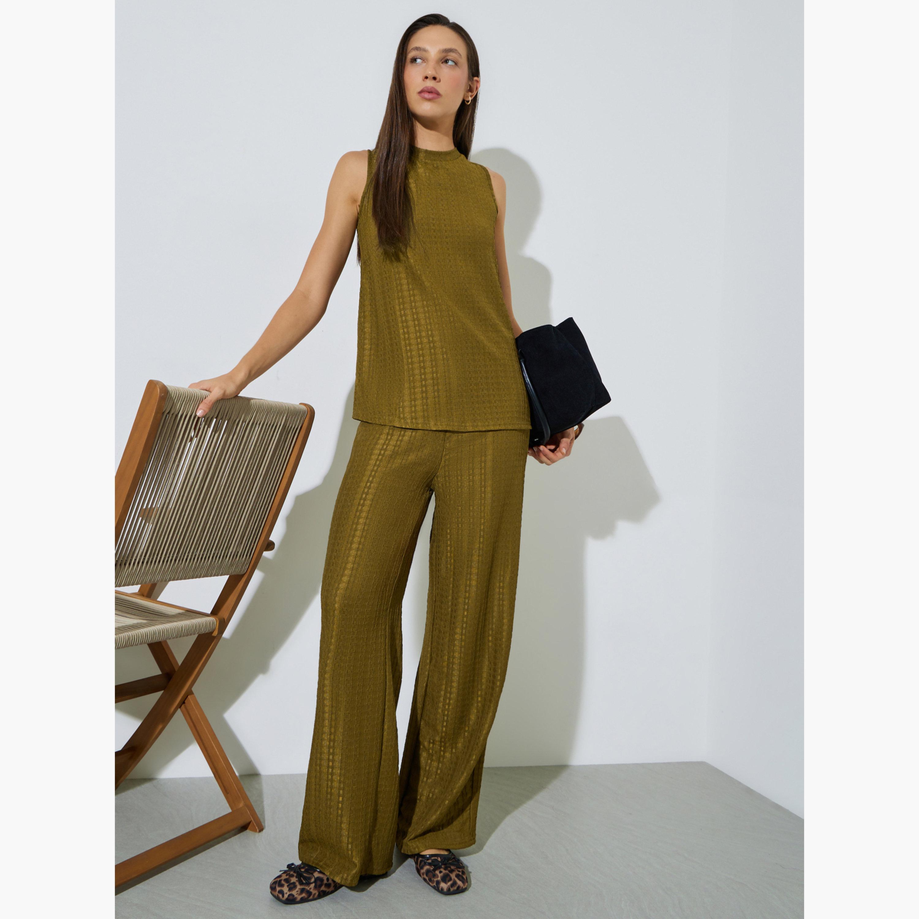 Styli Olive Sleeveless Textured Top and Trousers Co-ord Set-women-clothing-coordsets-image-4