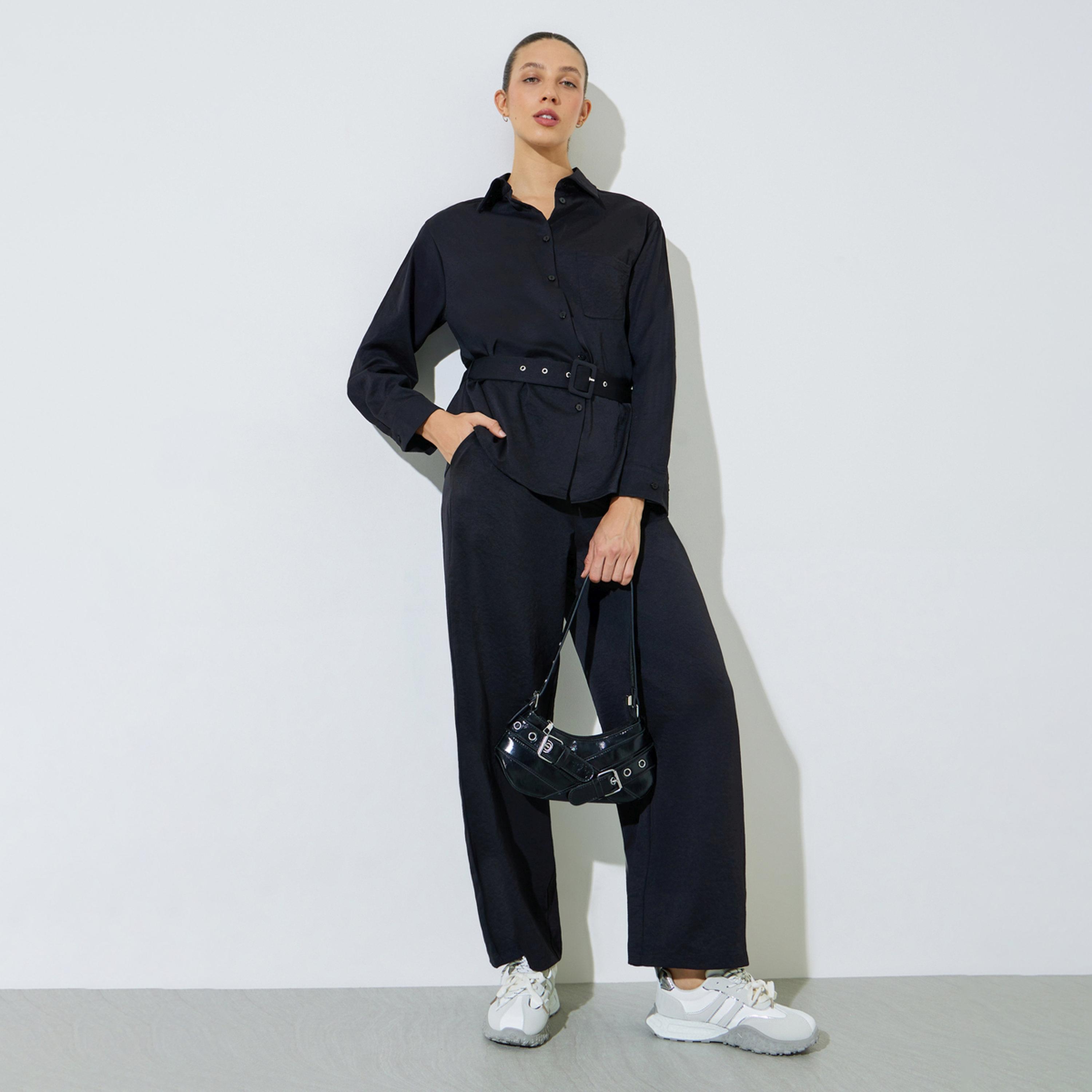 ستايلي - طقم قميص وبنطال أسود بحزام-women-clothing-coordsets-image-1