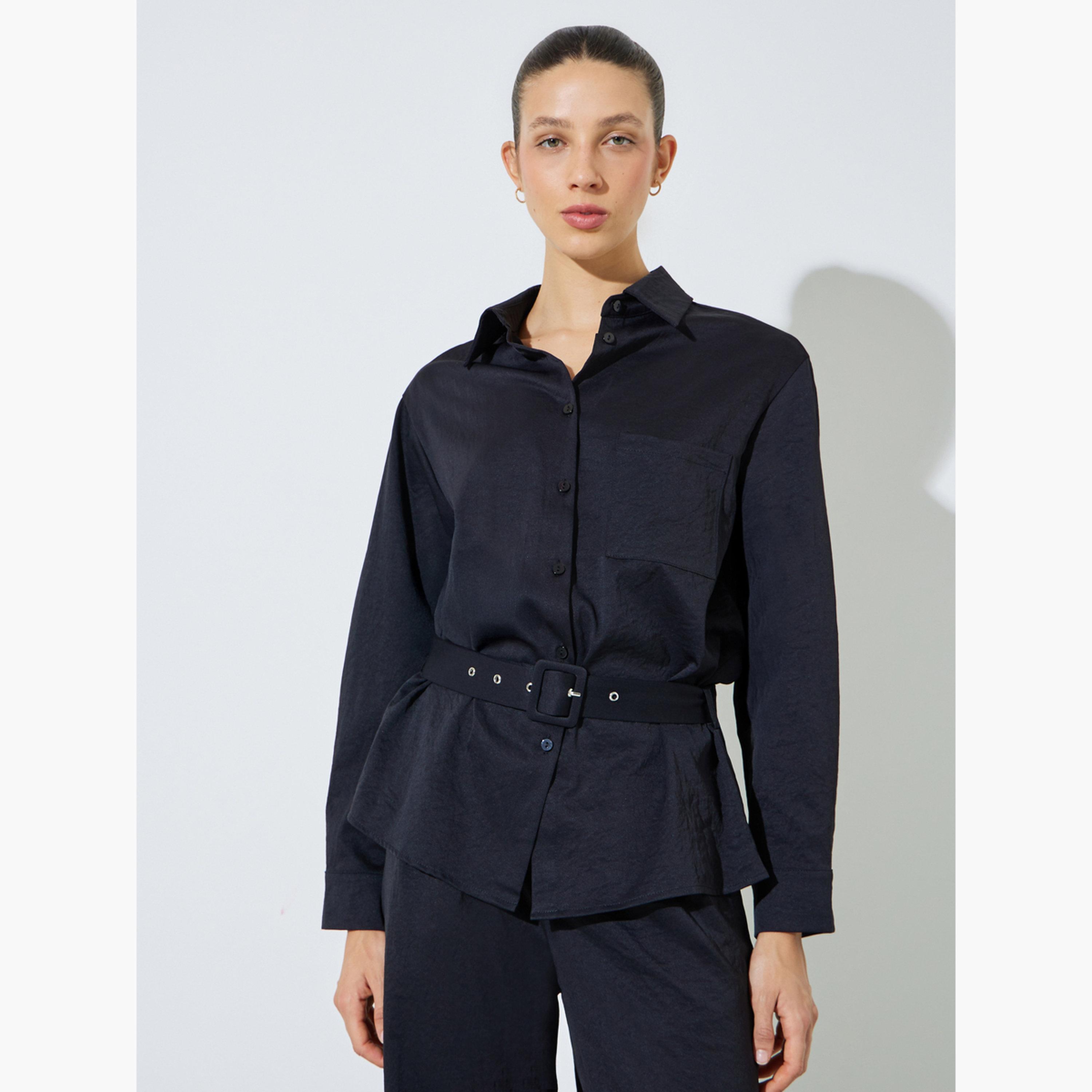 ستايلي - طقم قميص وبنطال أسود بحزام-women-clothing-coordsets-image-2