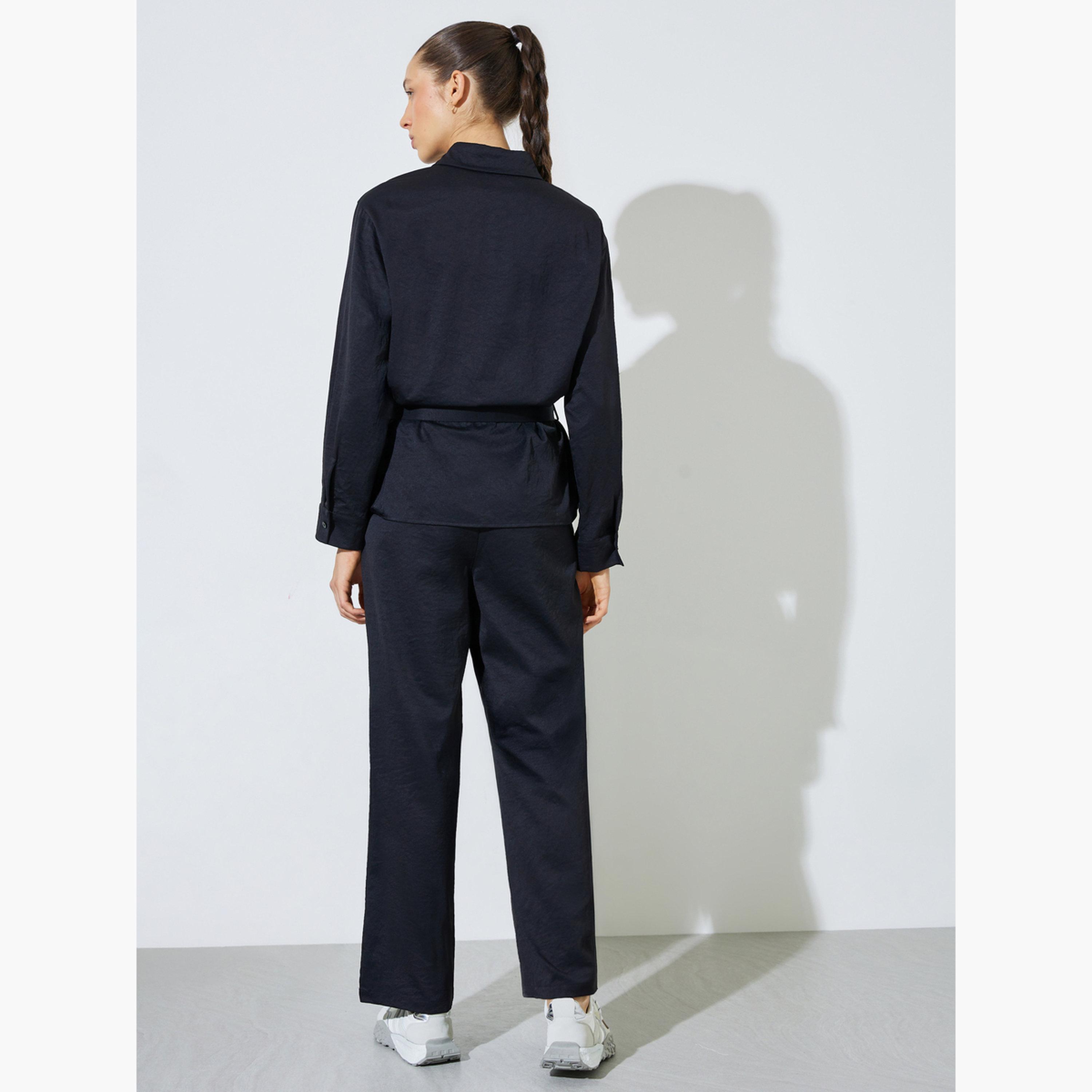 ستايلي - طقم قميص وبنطال أسود بحزام-women-clothing-coordsets-image-3