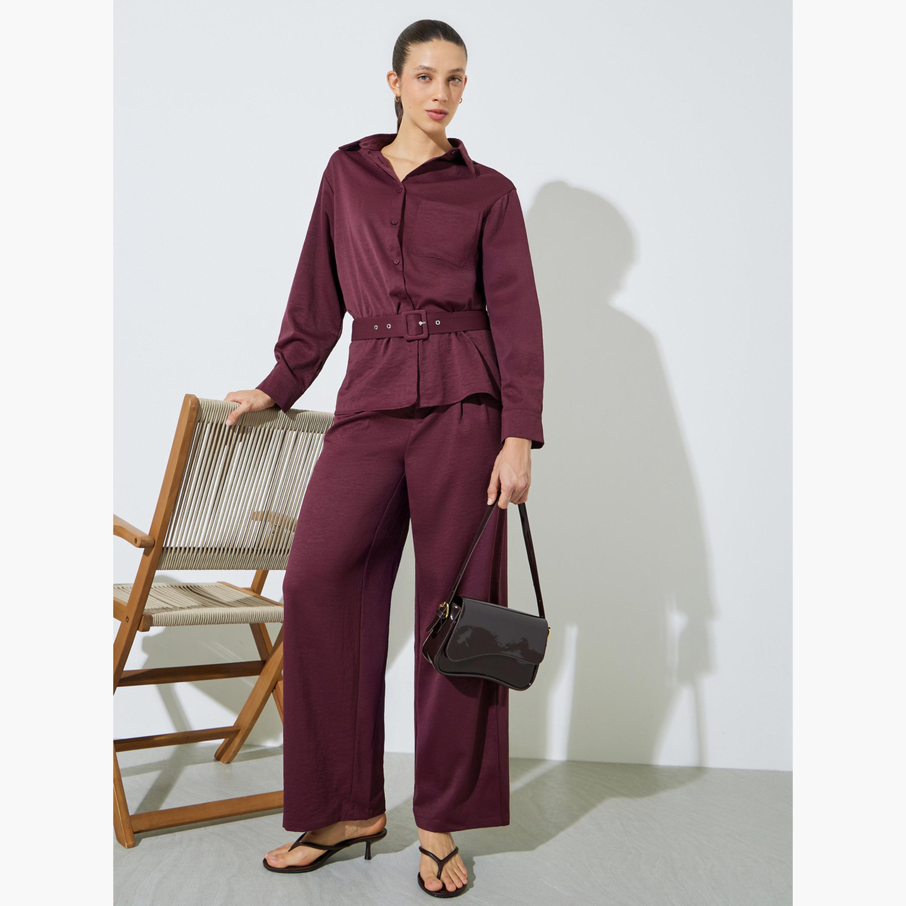Styli Burgundy Belted Shirt and Trousers Co-ord Set-women-clothing-coordsets-image-1