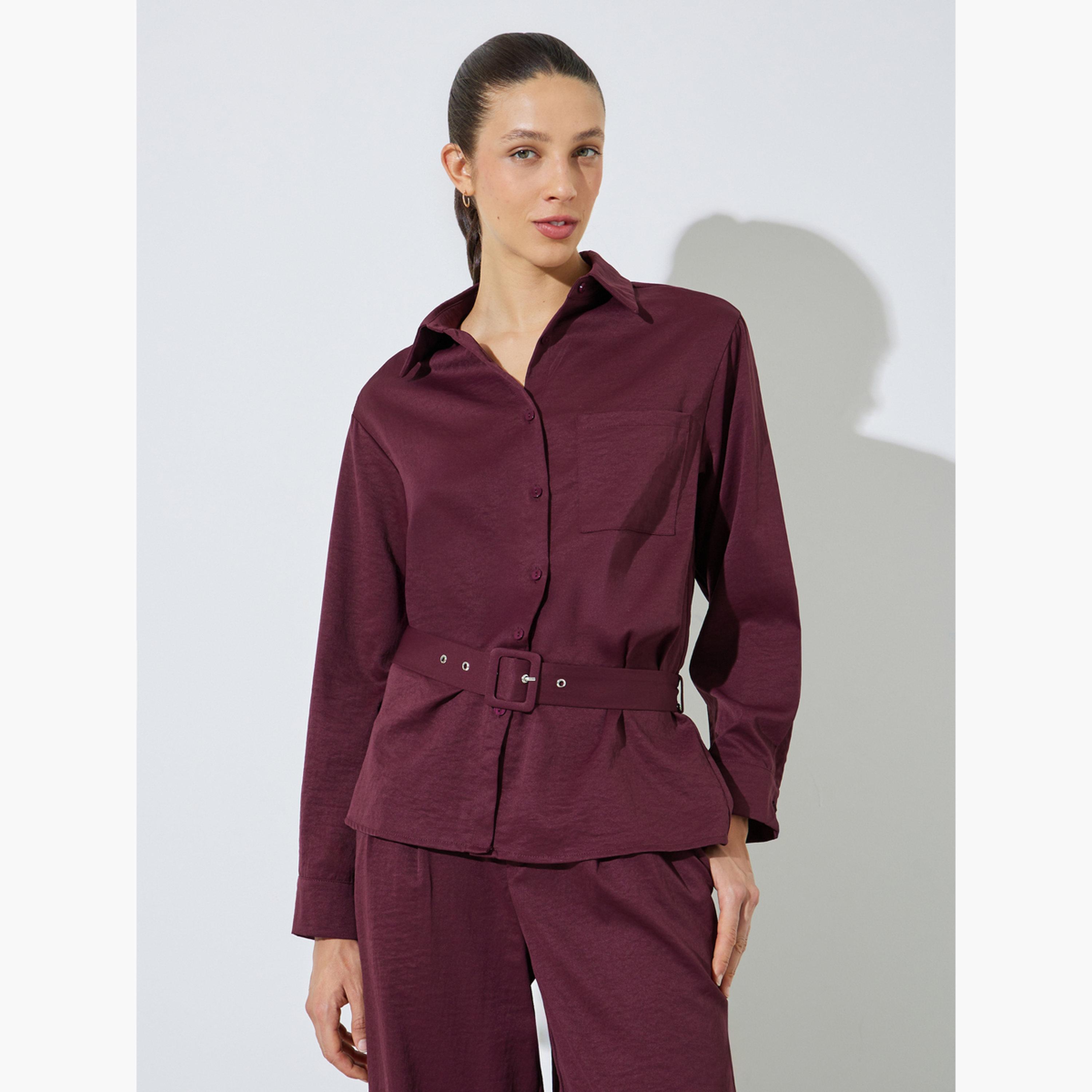 Styli Burgundy Belted Shirt and Trousers Co-ord Set-women-clothing-coordsets-image-2