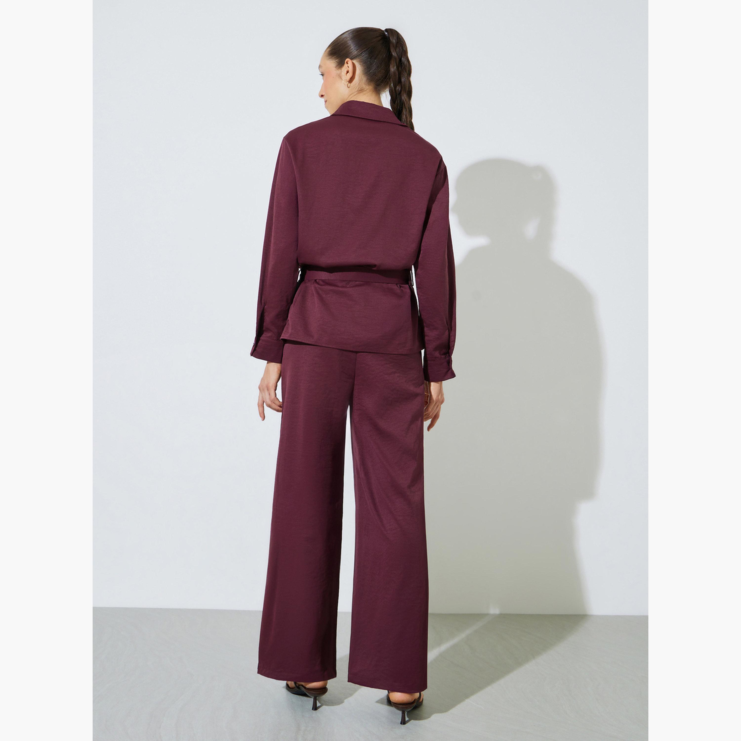 Styli Burgundy Belted Shirt and Trousers Co-ord Set-women-clothing-coordsets-image-3