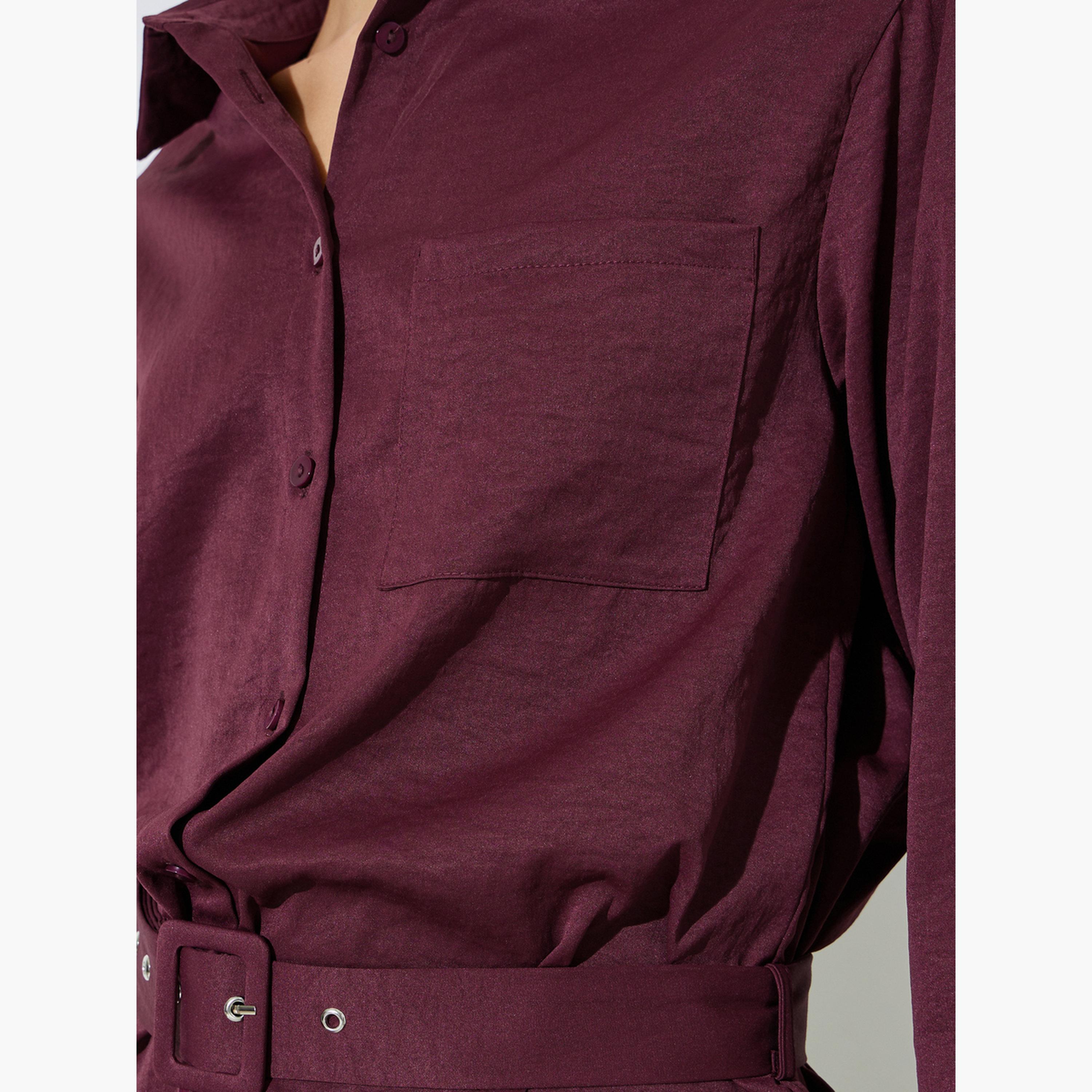 Styli Burgundy Belted Shirt and Trousers Co-ord Set-women-clothing-coordsets-image-5