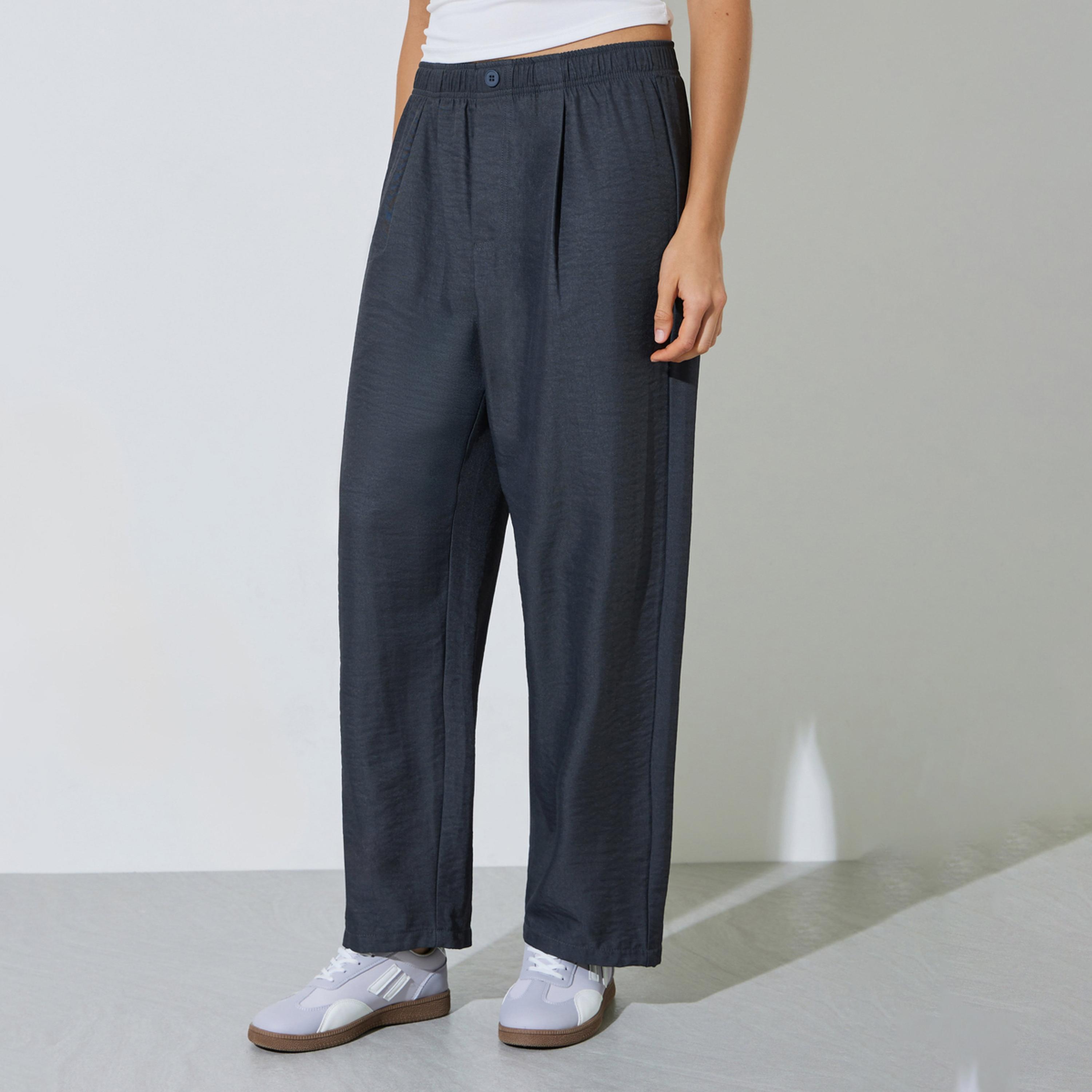 Styli Navy Blue Mid Rise Straight Leg Pants with Side Pocket-women-clothing-bottoms-joggers-image-1