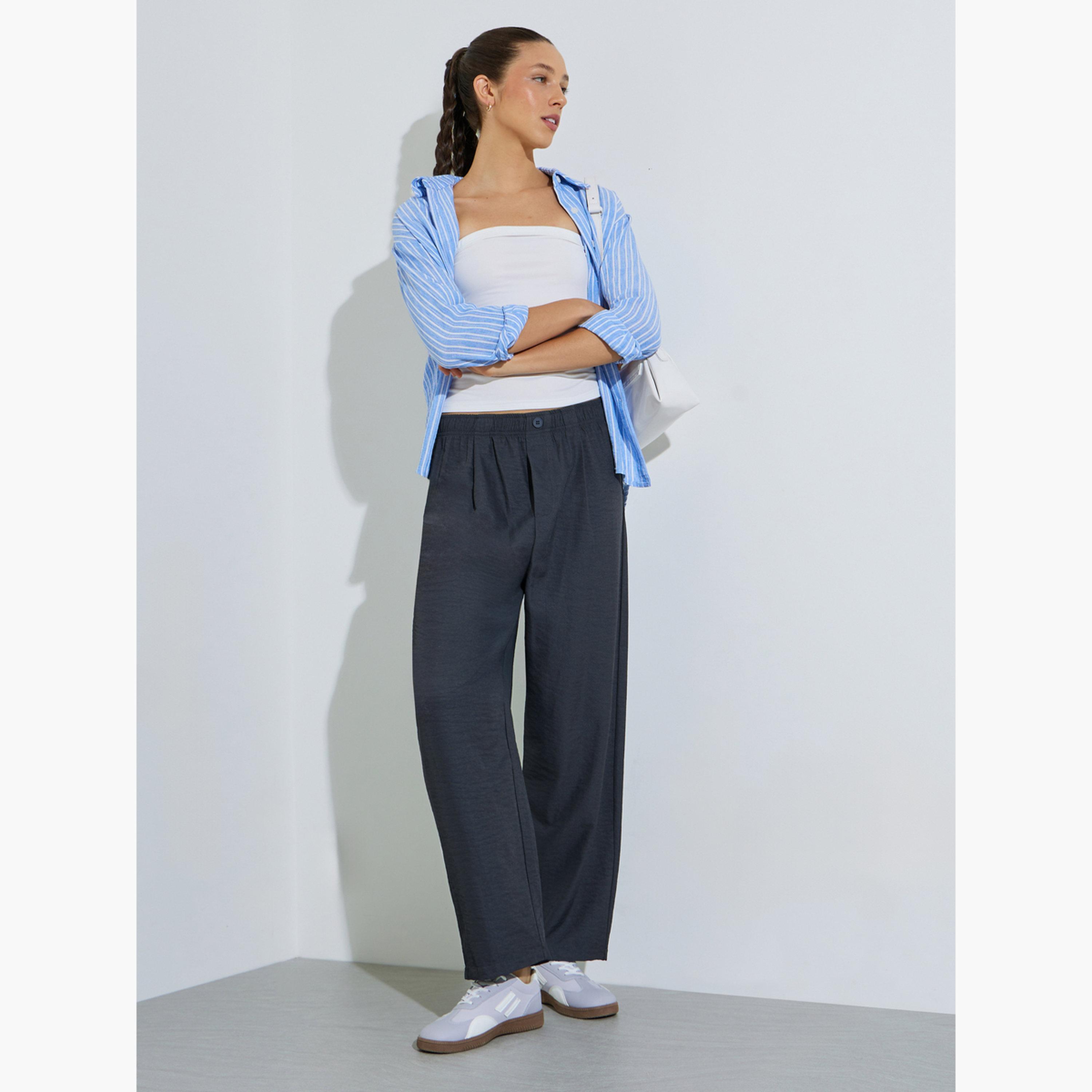 Styli Navy Blue Mid Rise Straight Leg Pants with Side Pocket-women-clothing-bottoms-joggers-image-2