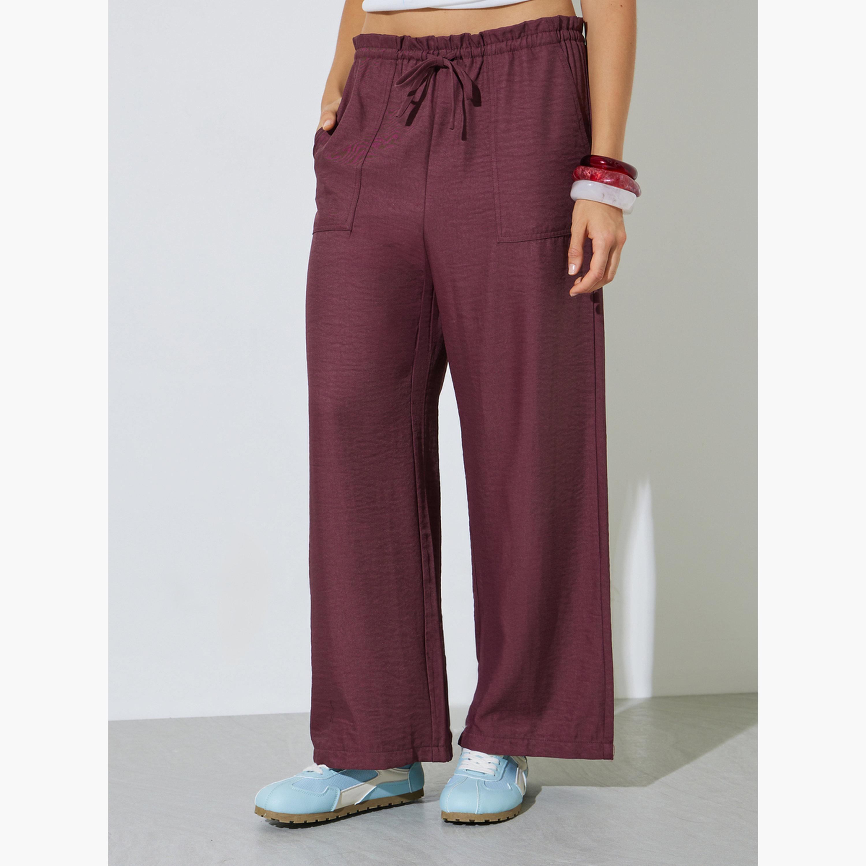 Styli Burgundy Drawstring Wide-Leg Trousers-women-clothing-bottoms-joggers-image-1