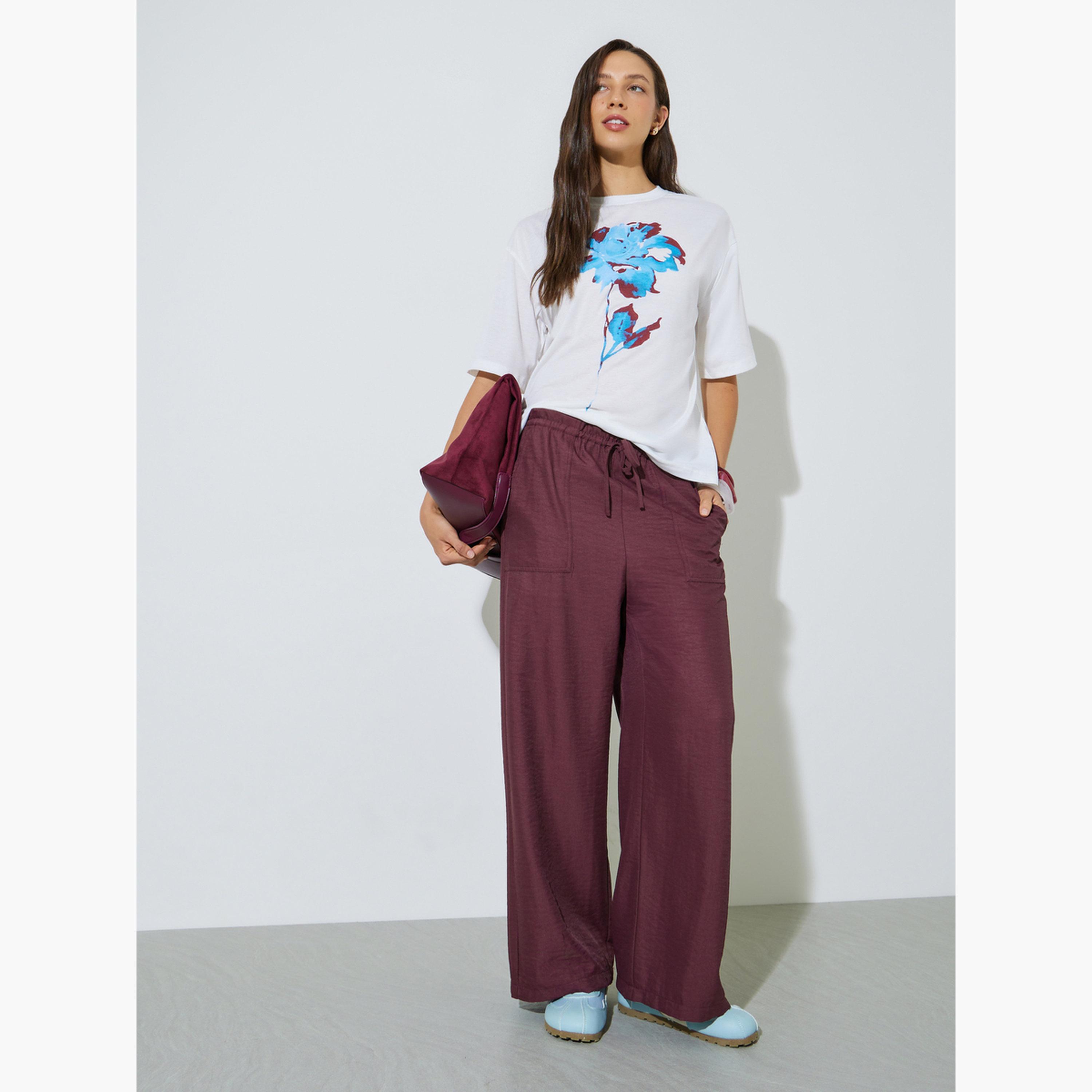 Styli Burgundy Drawstring Wide-Leg Trousers-women-clothing-bottoms-joggers-image-2