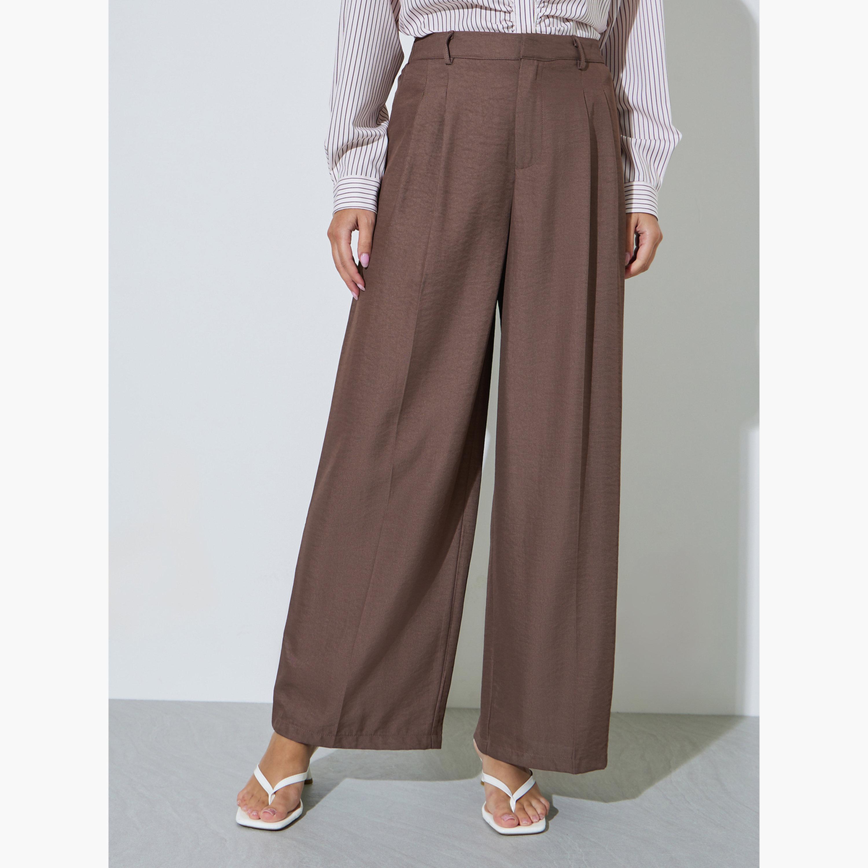 ستايلي - بنطال بني واسع الساقين بقصة فضفاضة وتفاصيل ثنيات-women-clothing-bottoms-joggers-image-1
