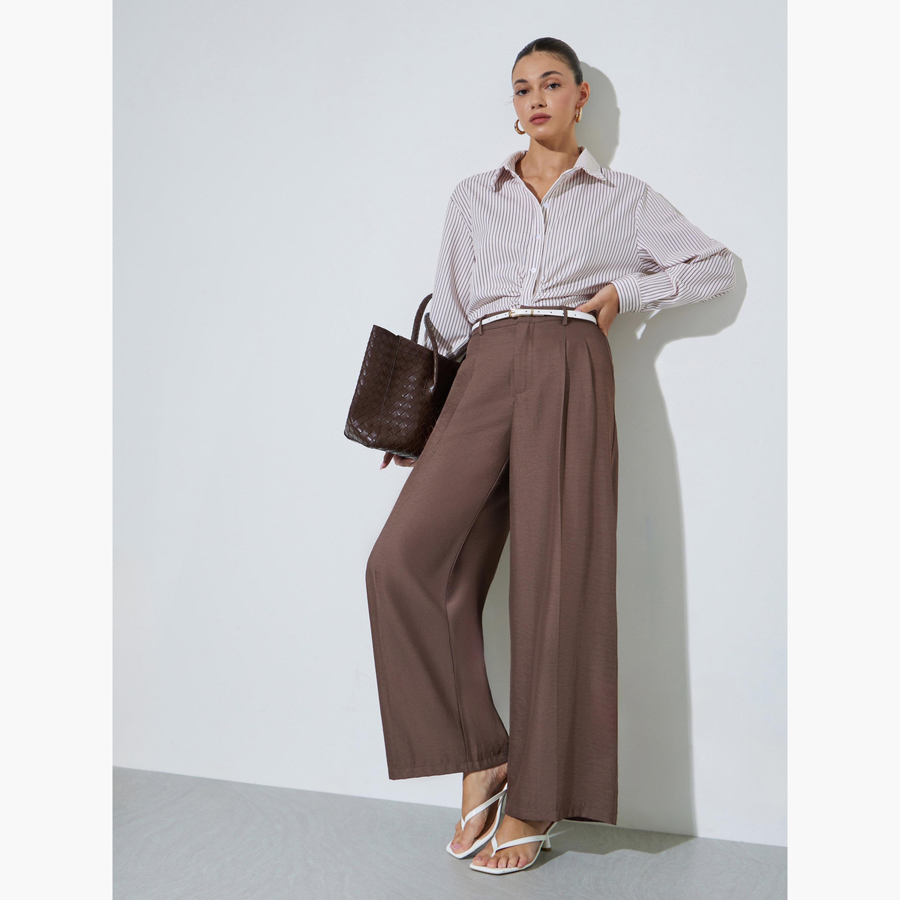 ستايلي - بنطال بني واسع الساقين بقصة فضفاضة وتفاصيل ثنيات-women-clothing-bottoms-joggers-image-2