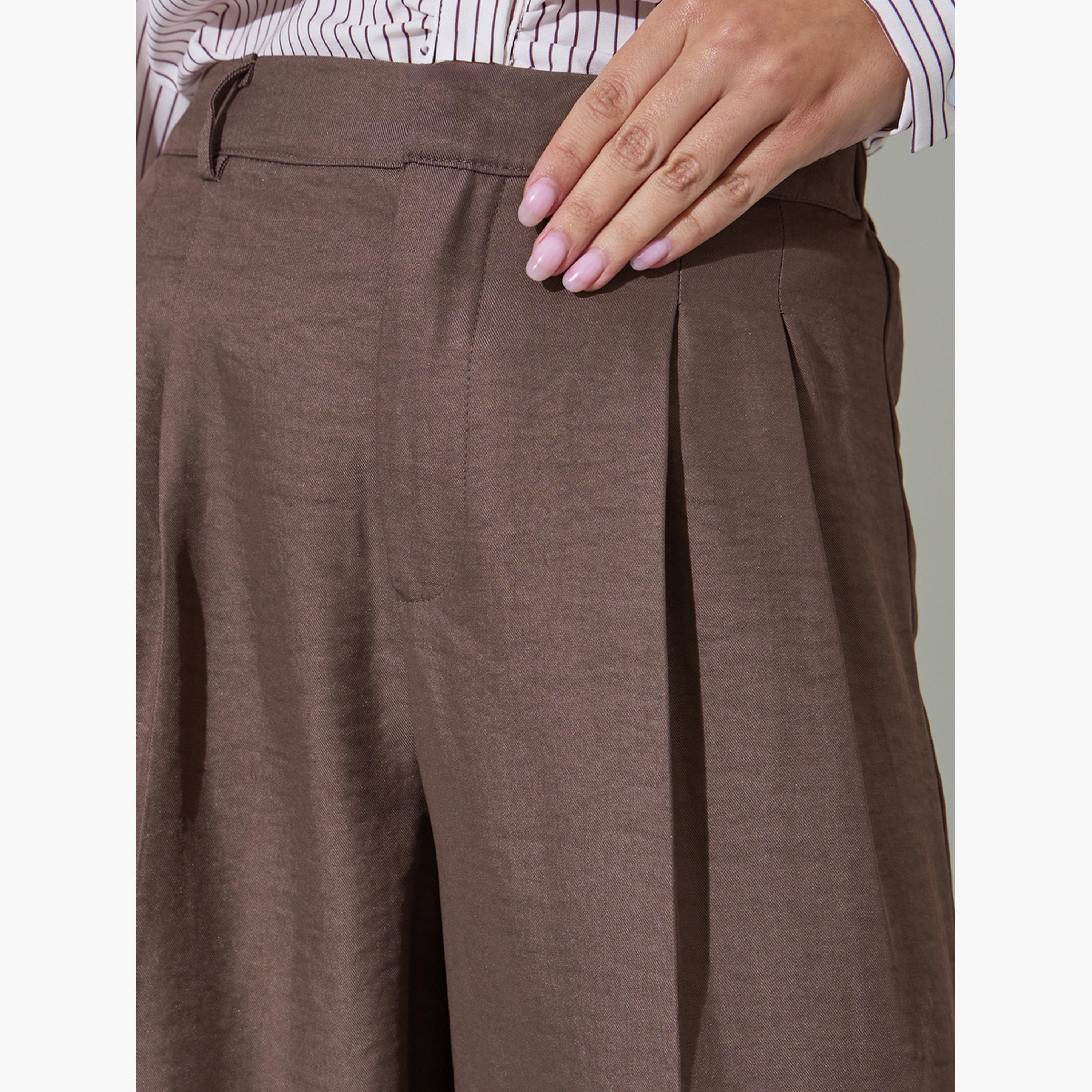 ستايلي - بنطال بني واسع الساقين بقصة فضفاضة وتفاصيل ثنيات-women-clothing-bottoms-joggers-image-3