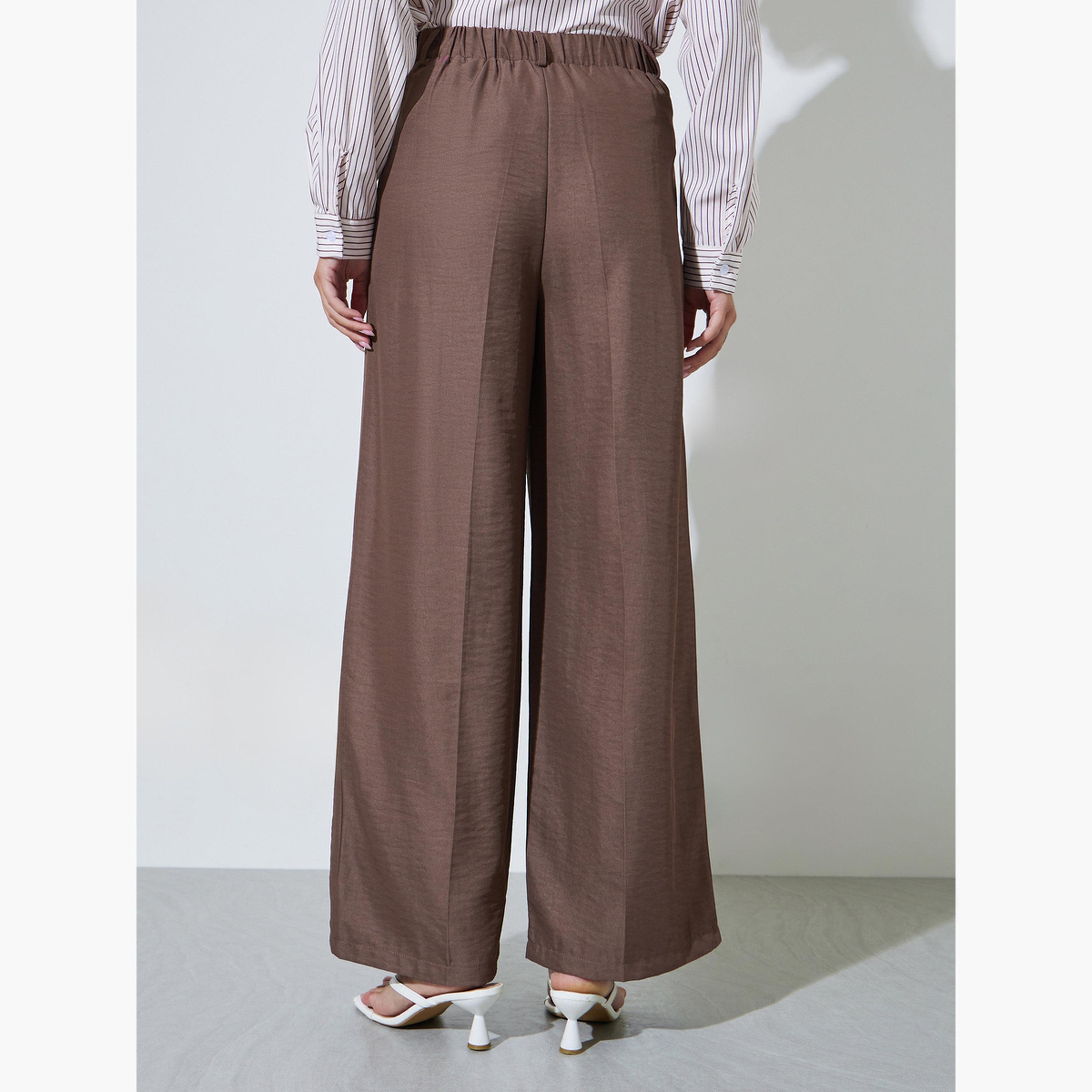 ستايلي - بنطال بني واسع الساقين بقصة فضفاضة وتفاصيل ثنيات-women-clothing-bottoms-joggers-image-4