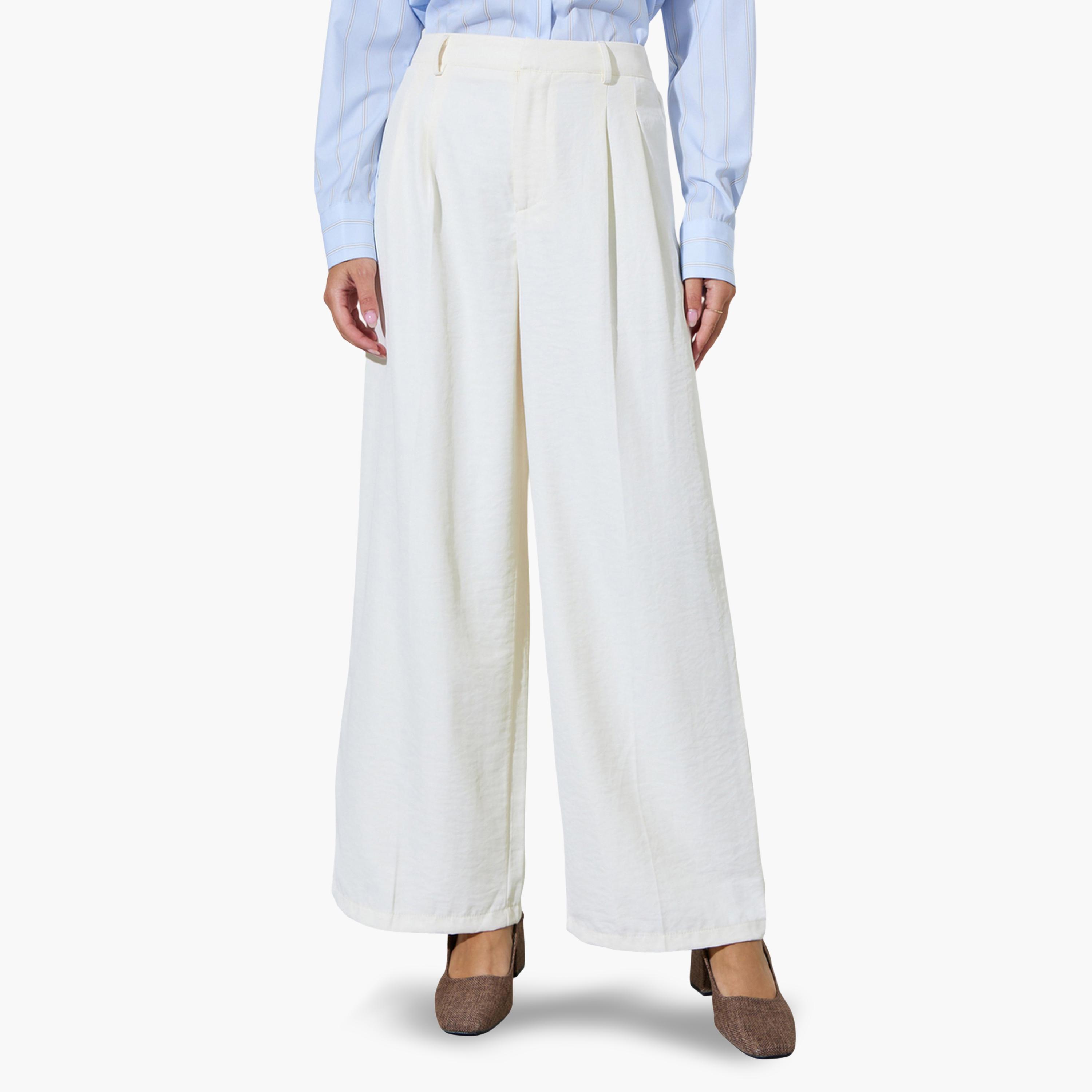 Styli Cream Wide Leg loose Fit Pleat Detailing Pants-women-clothing-bottoms-joggers-image-1