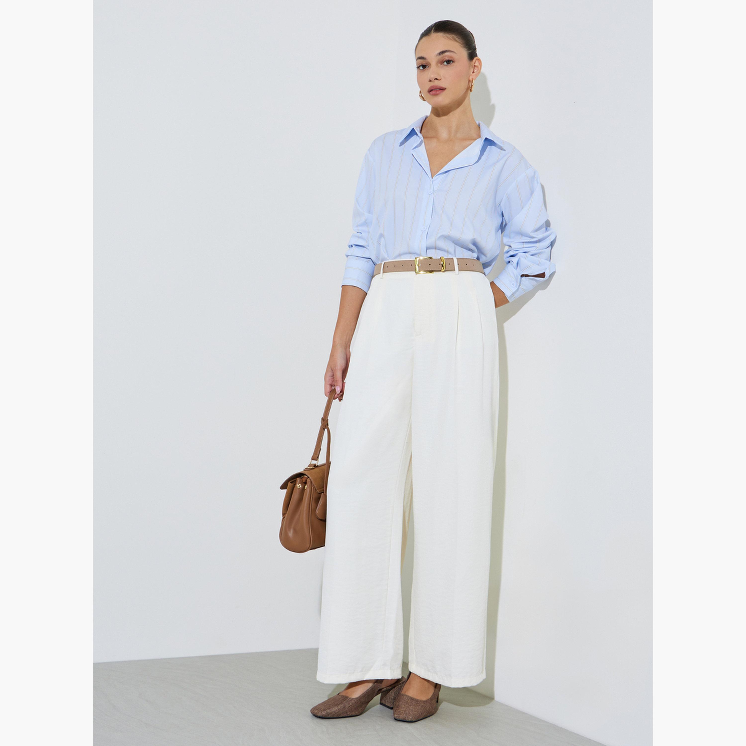 Styli Cream Wide Leg loose Fit Pleat Detailing Pants-women-clothing-bottoms-joggers-image-2