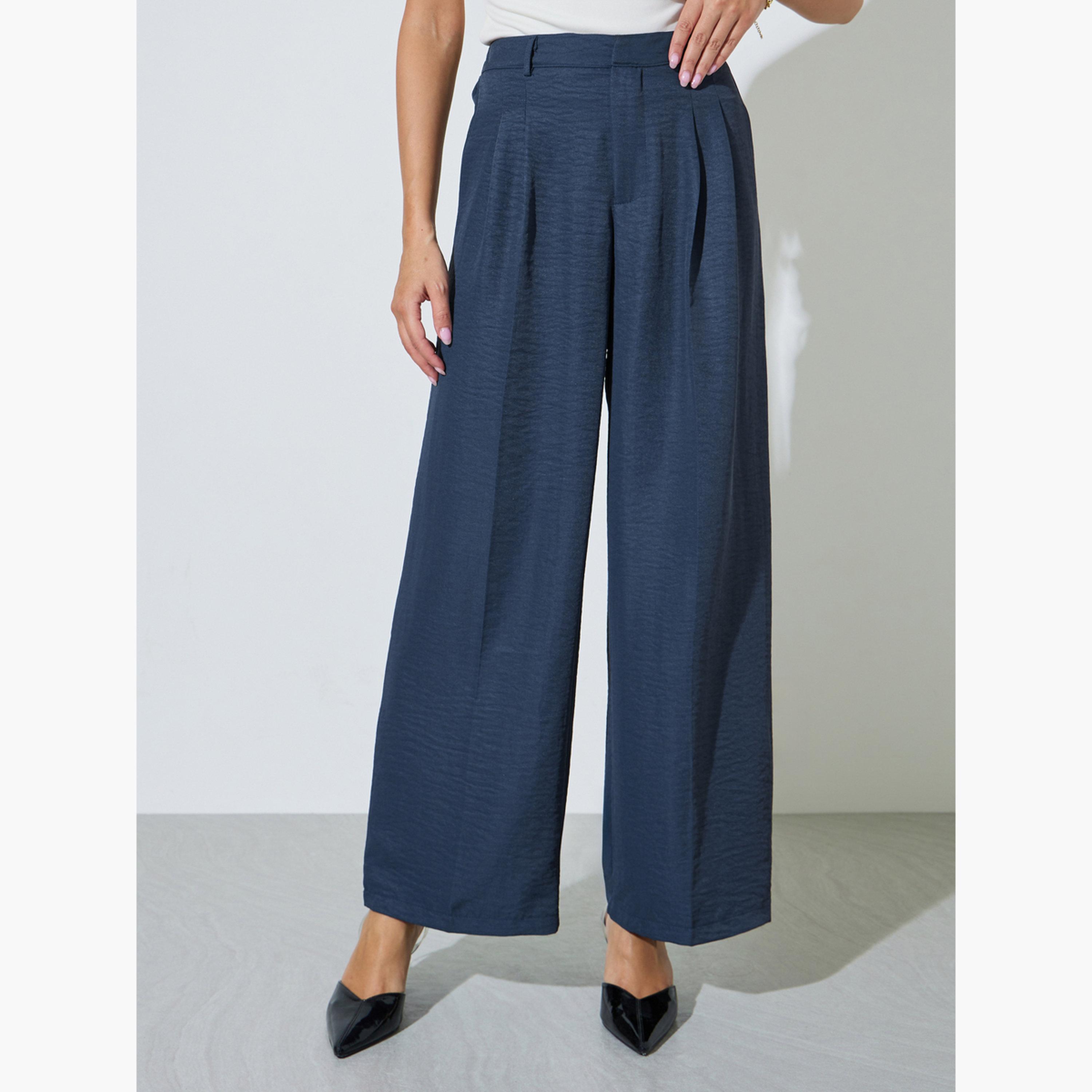 ستايلي - بنطال كحلي واسع الساقين بقصة فضفاضة وتفاصيل ثنيات-women-clothing-bottoms-joggers-image-1