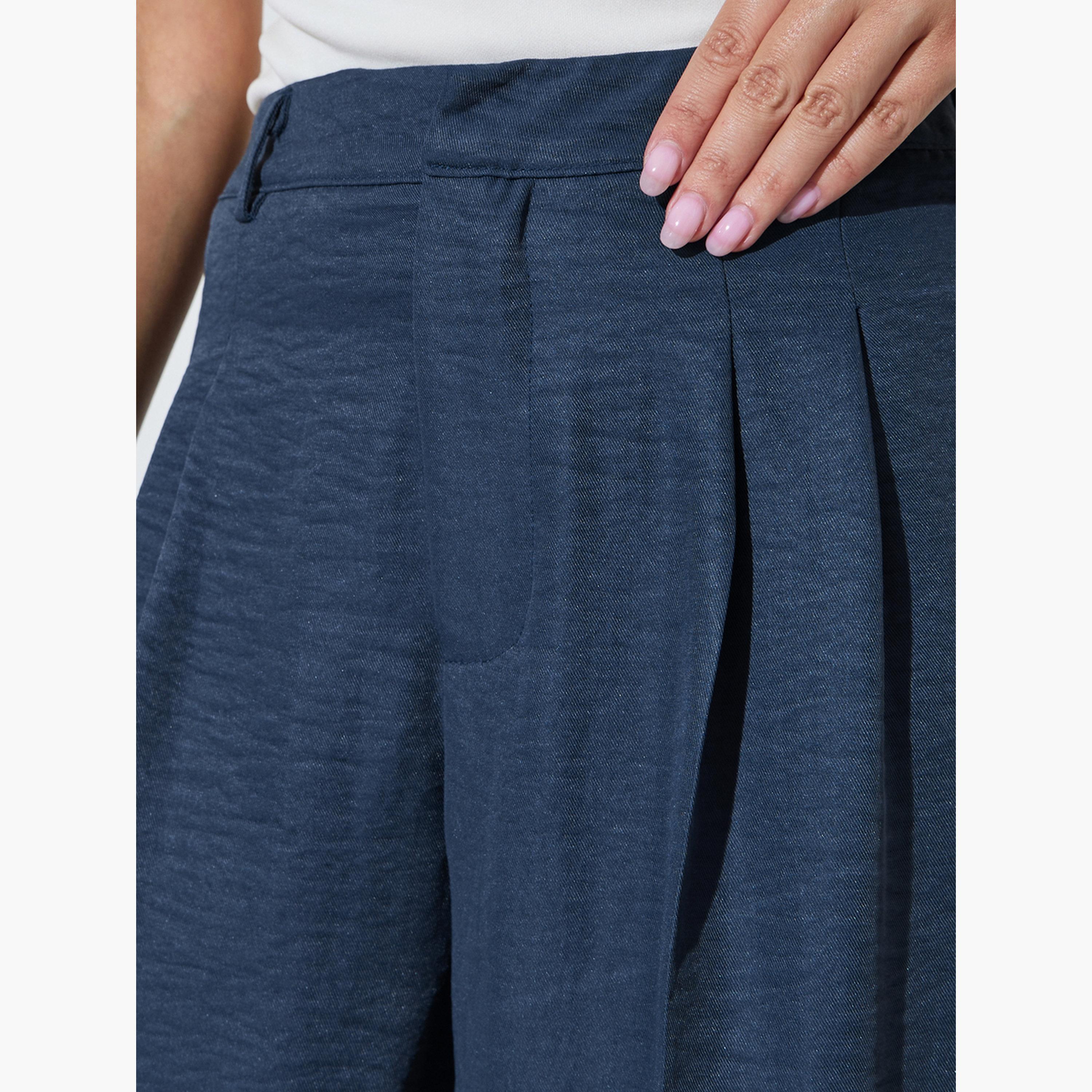 ستايلي - بنطال كحلي واسع الساقين بقصة فضفاضة وتفاصيل ثنيات-women-clothing-bottoms-joggers-image-3