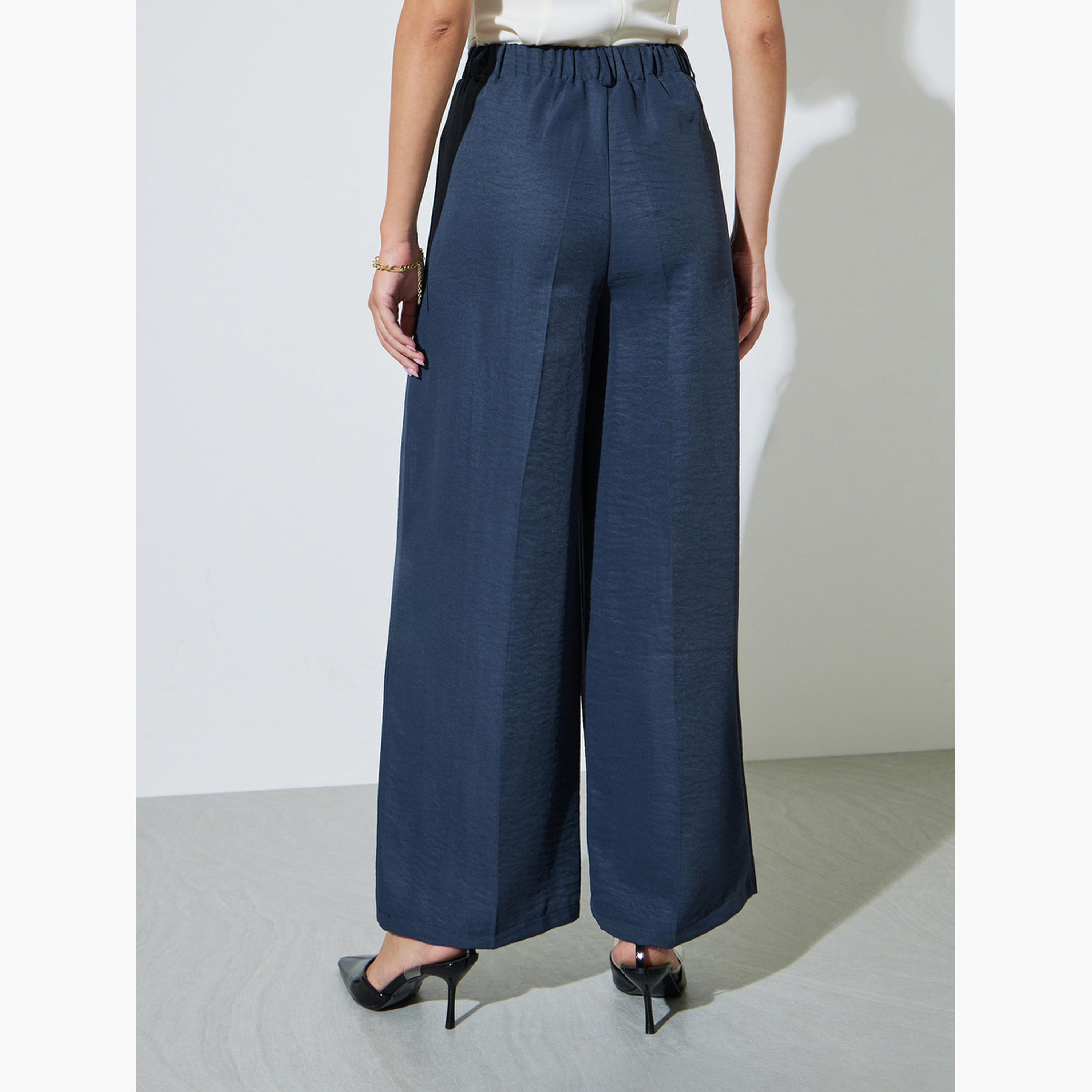 ستايلي - بنطال كحلي واسع الساقين بقصة فضفاضة وتفاصيل ثنيات-women-clothing-bottoms-joggers-image-4