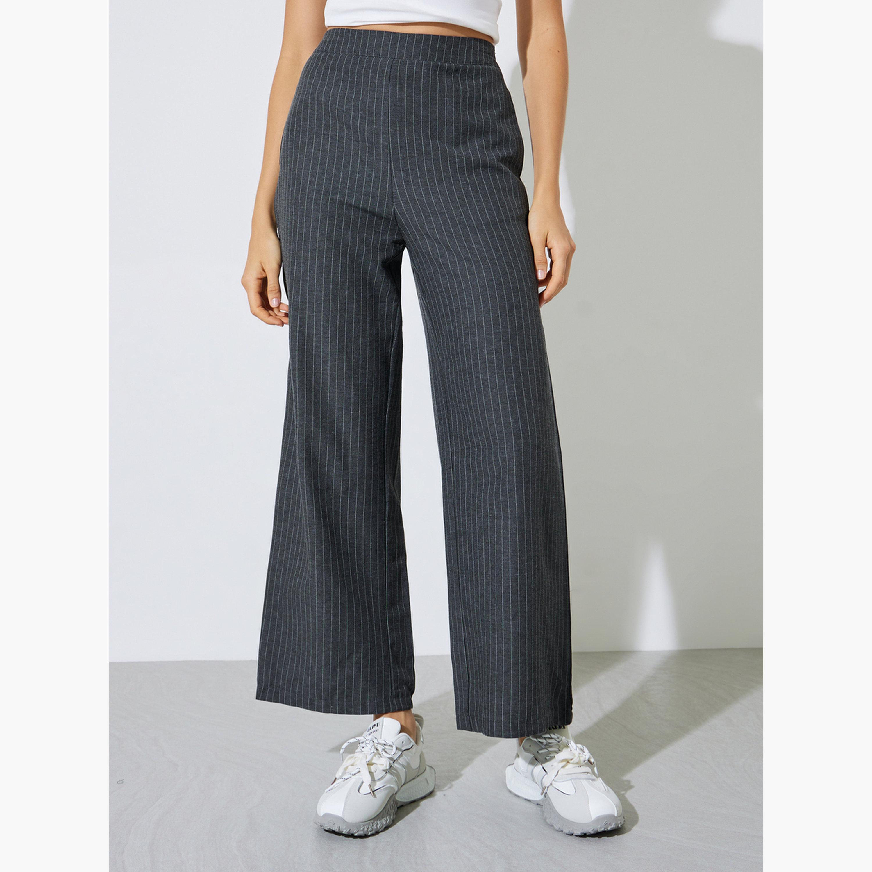 بنطال بأرجل واسعة ومخطط رفيع تشاركول-women-clothing-trousers-image-1