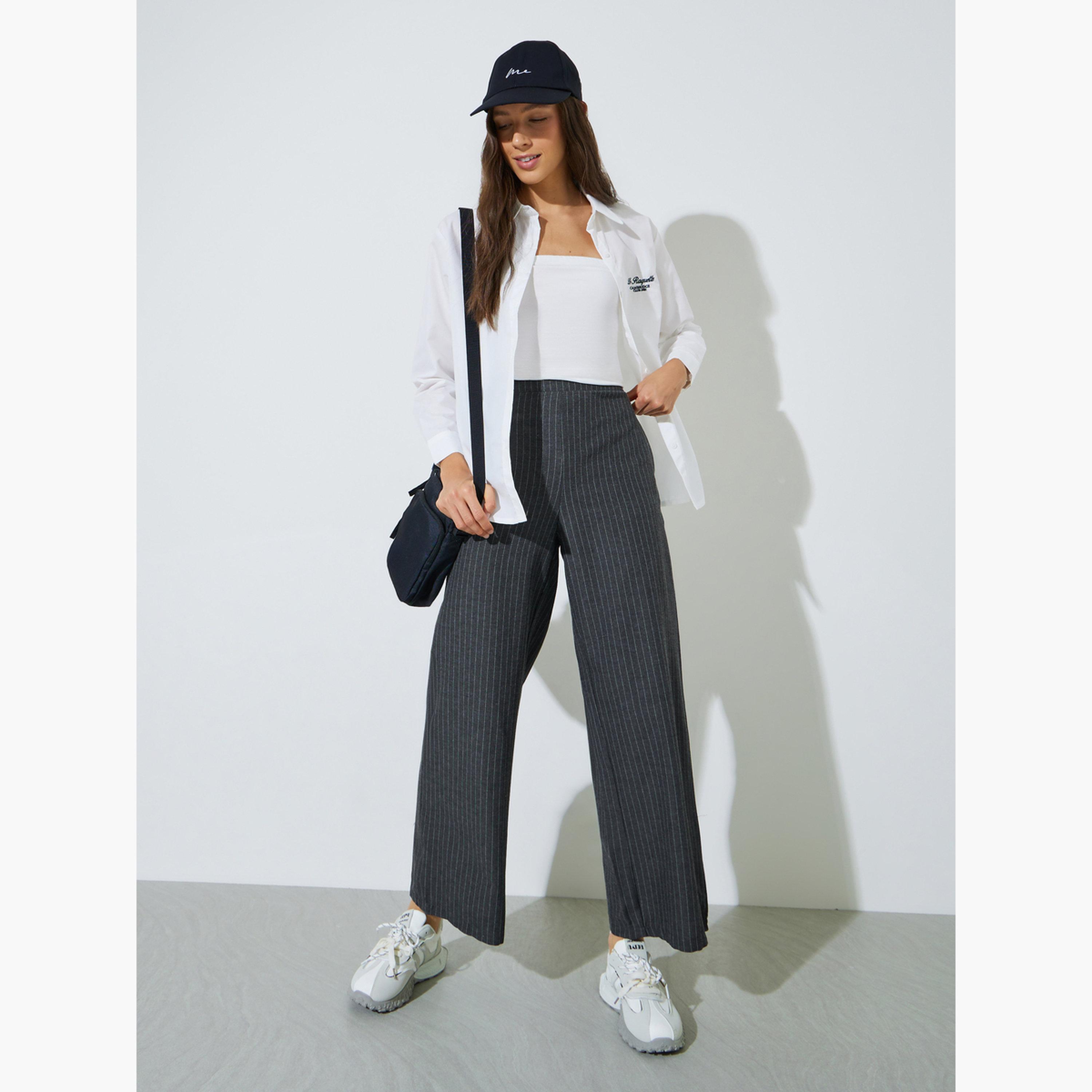 بنطال بأرجل واسعة ومخطط رفيع تشاركول-women-clothing-trousers-image-2
