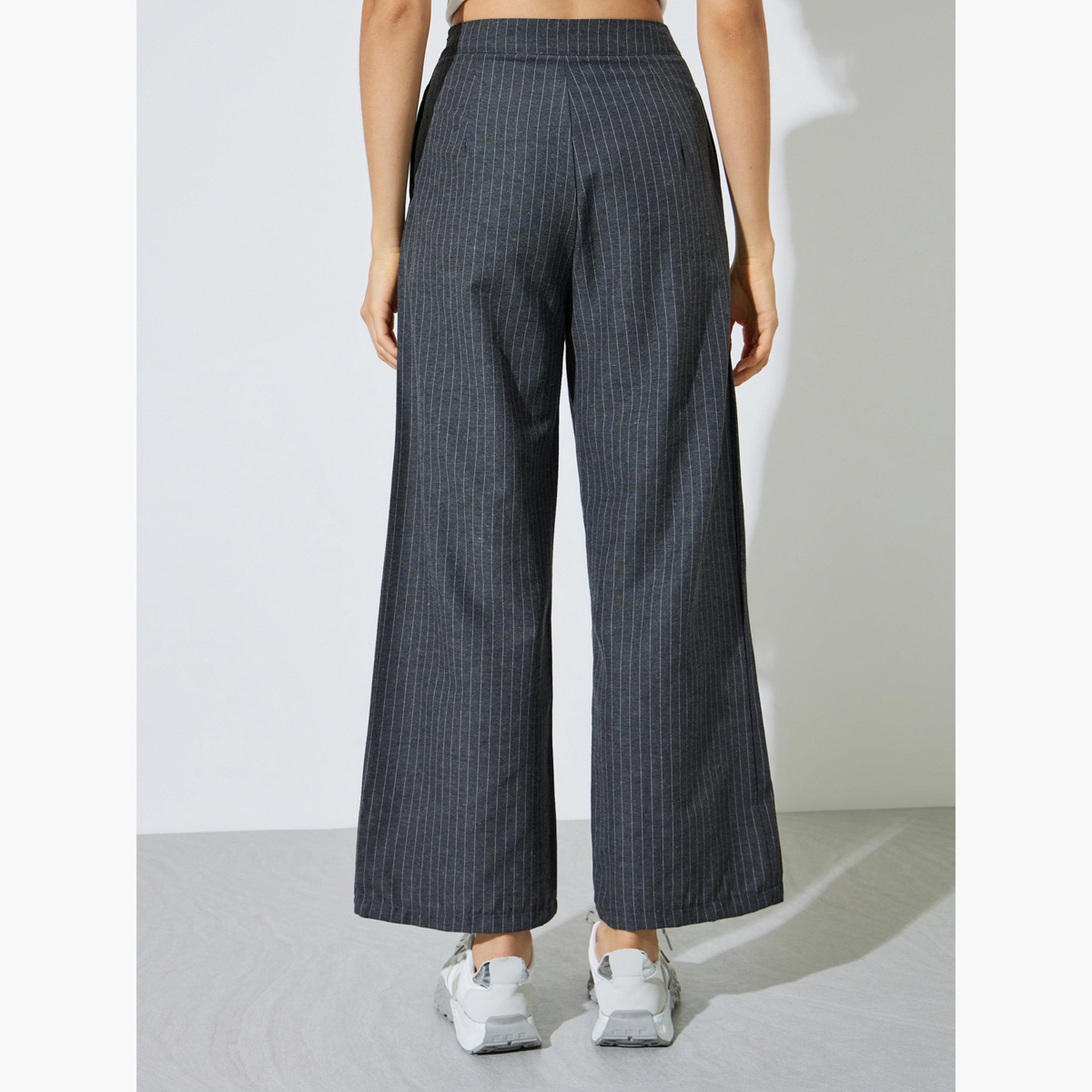 بنطال بأرجل واسعة ومخطط رفيع تشاركول-women-clothing-trousers-image-4