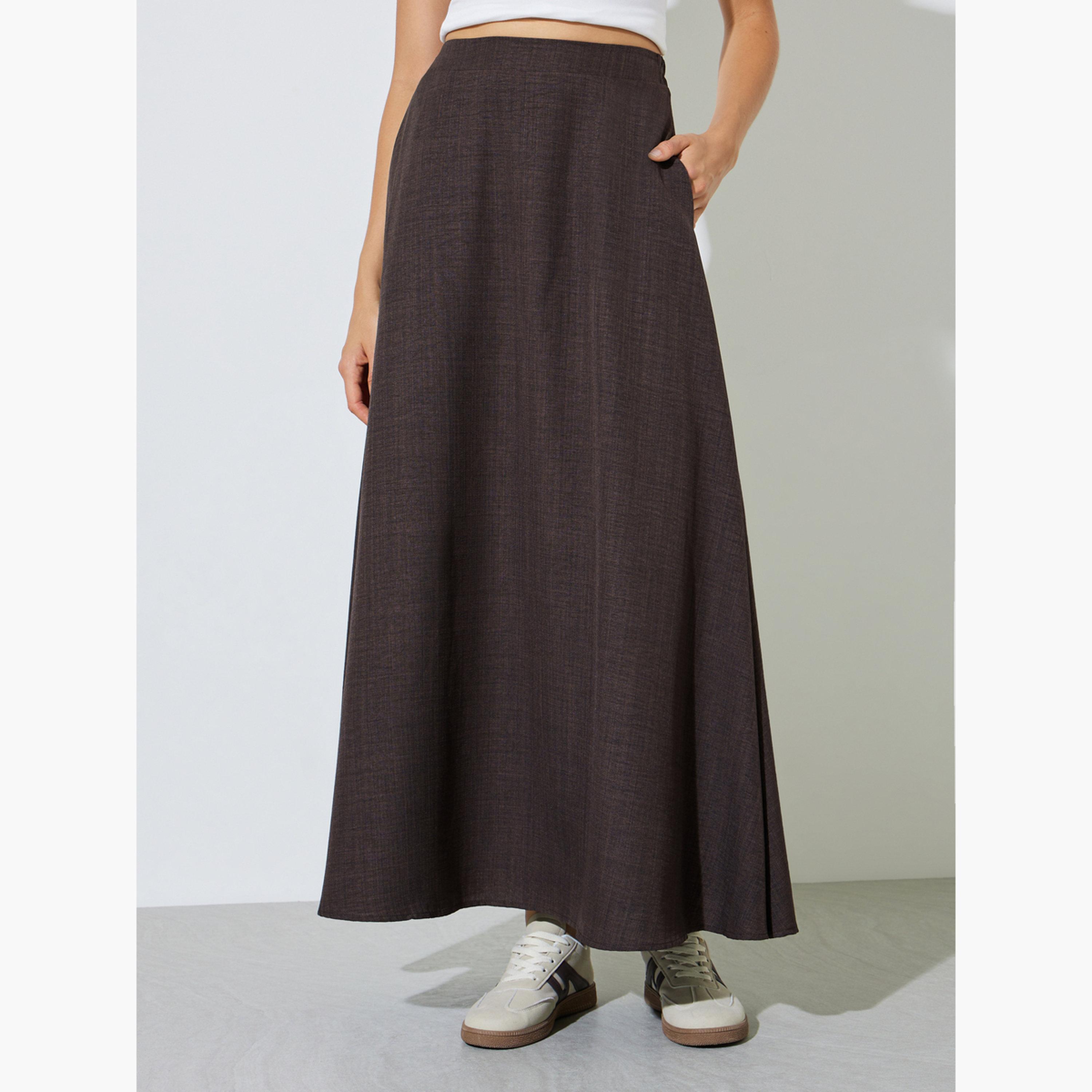 Styli Brown Side Pocket detail A-Line Maxi Skirt-women-clothing-bottoms-skirts-image-1