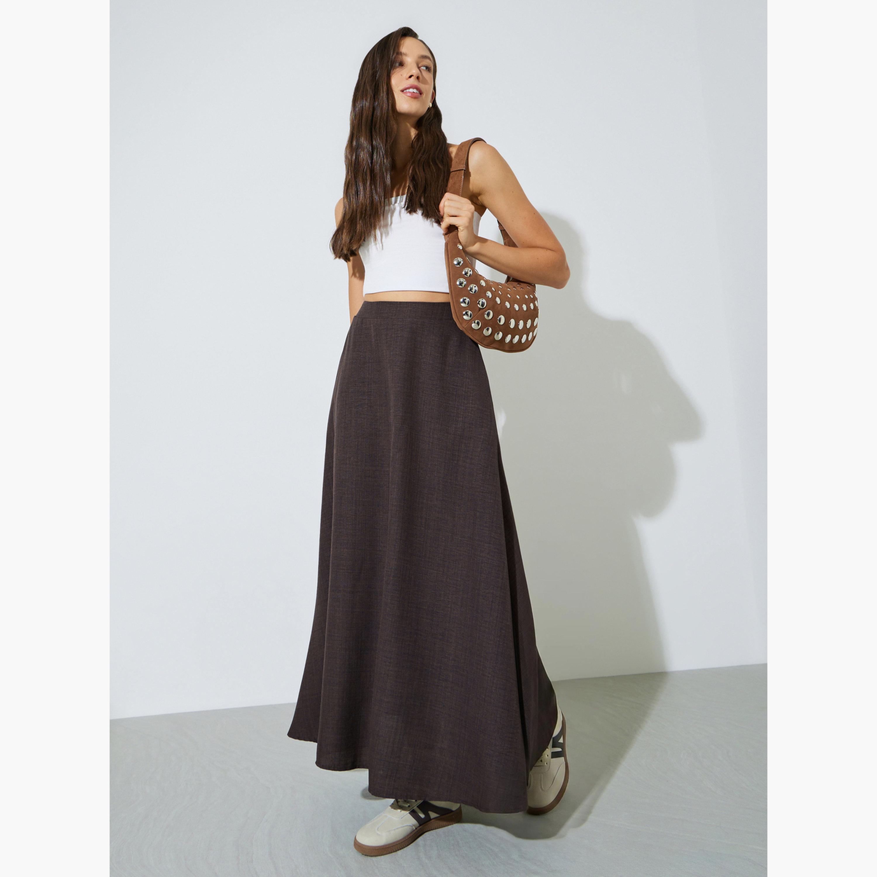 Styli Brown Side Pocket detail A-Line Maxi Skirt-women-clothing-bottoms-skirts-image-2