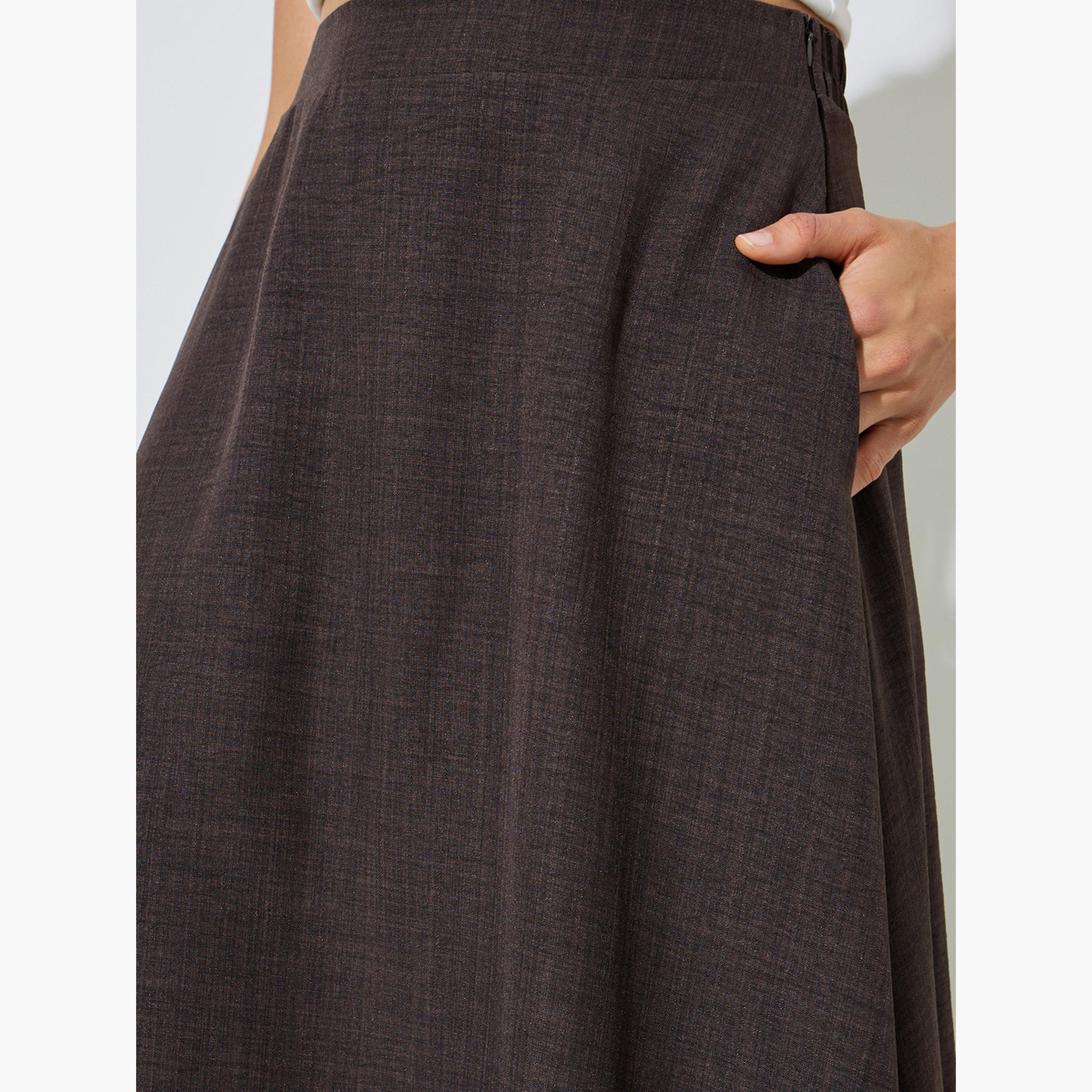 Styli Brown Side Pocket detail A-Line Maxi Skirt-women-clothing-bottoms-skirts-image-3
