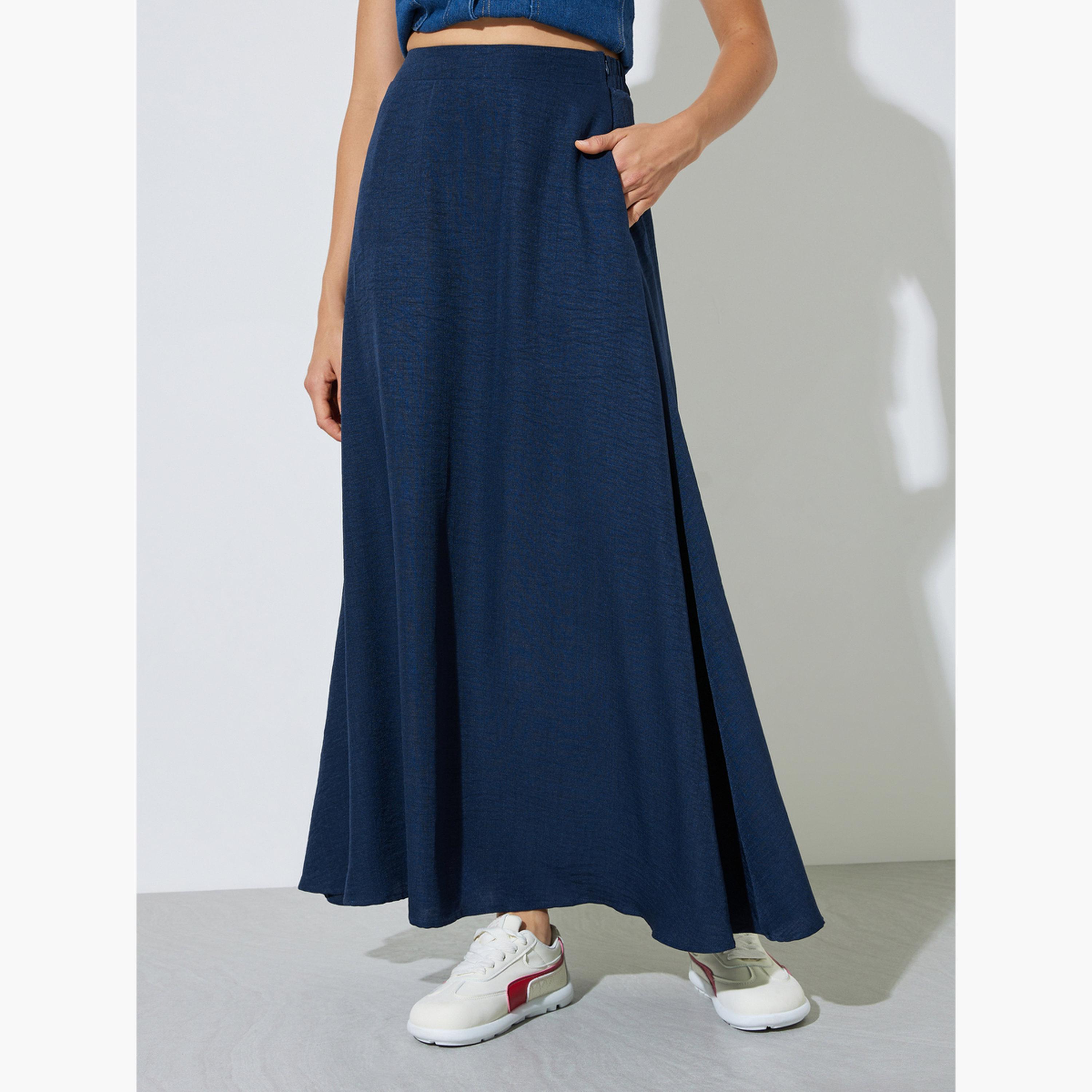 Styli Navy Blue Side Pocket detail A-Line Maxi Skirt-women-clothing-bottoms-skirts-image-1