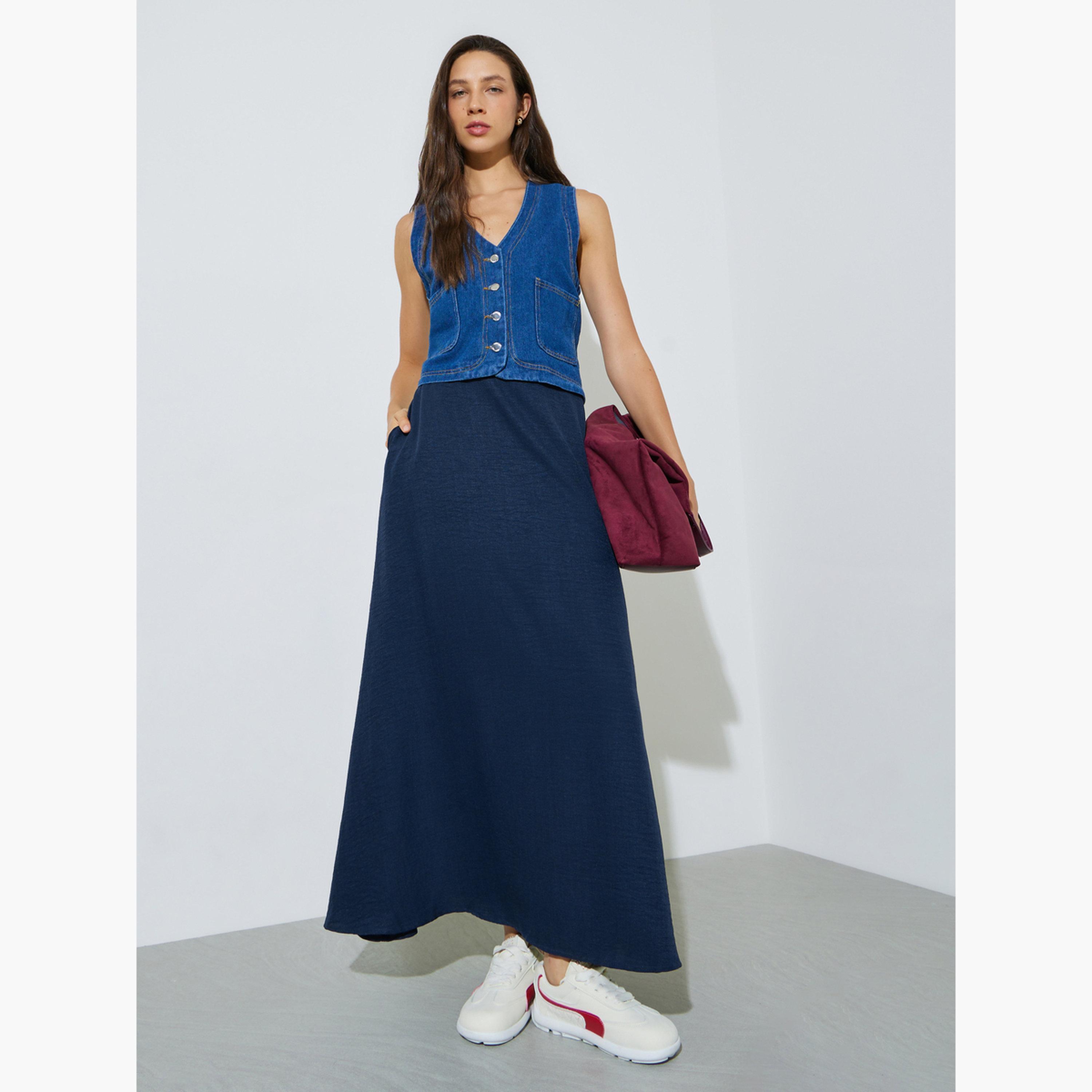 Styli Navy Blue Side Pocket detail A-Line Maxi Skirt-women-clothing-bottoms-skirts-image-2