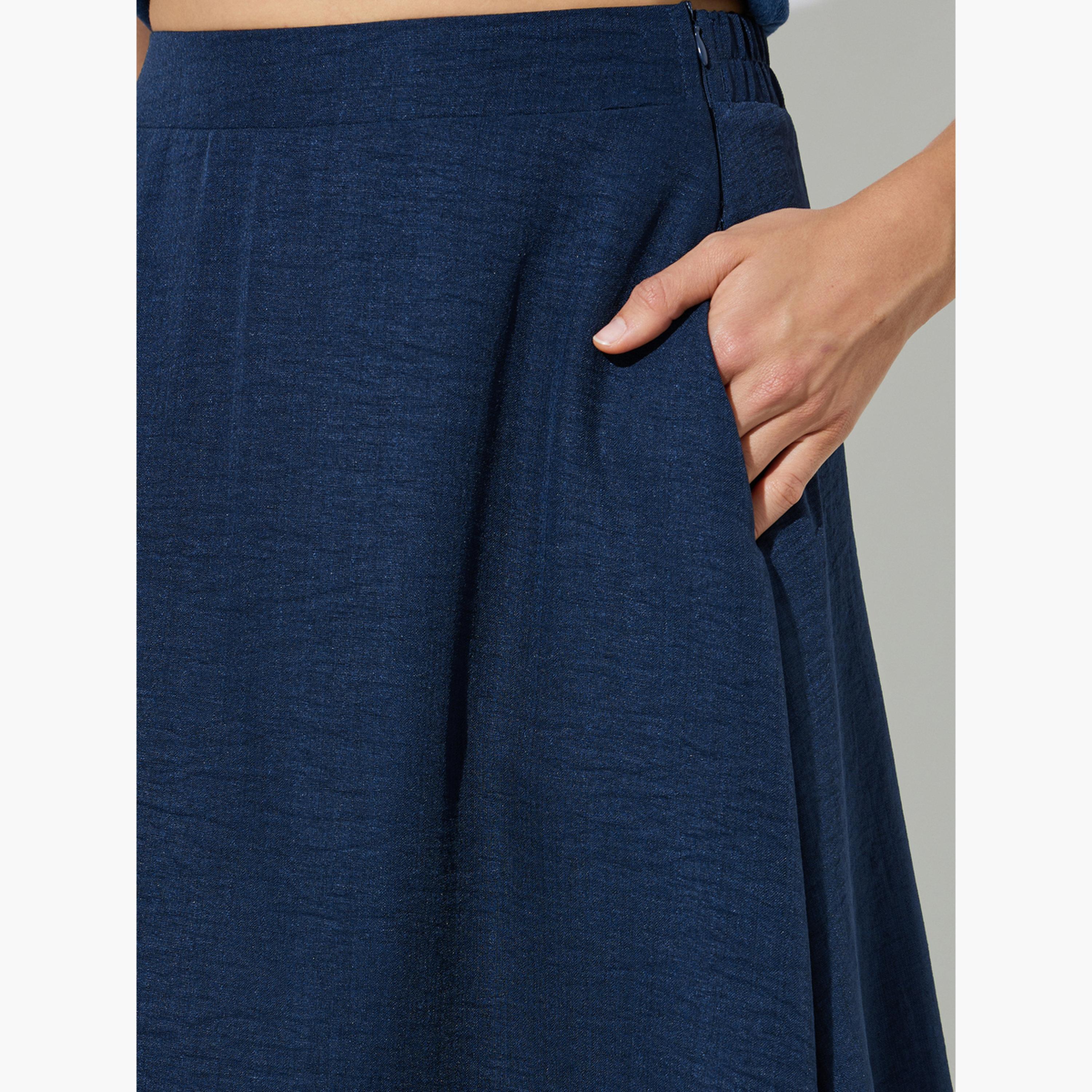 Styli Navy Blue Side Pocket detail A-Line Maxi Skirt-women-clothing-bottoms-skirts-image-3