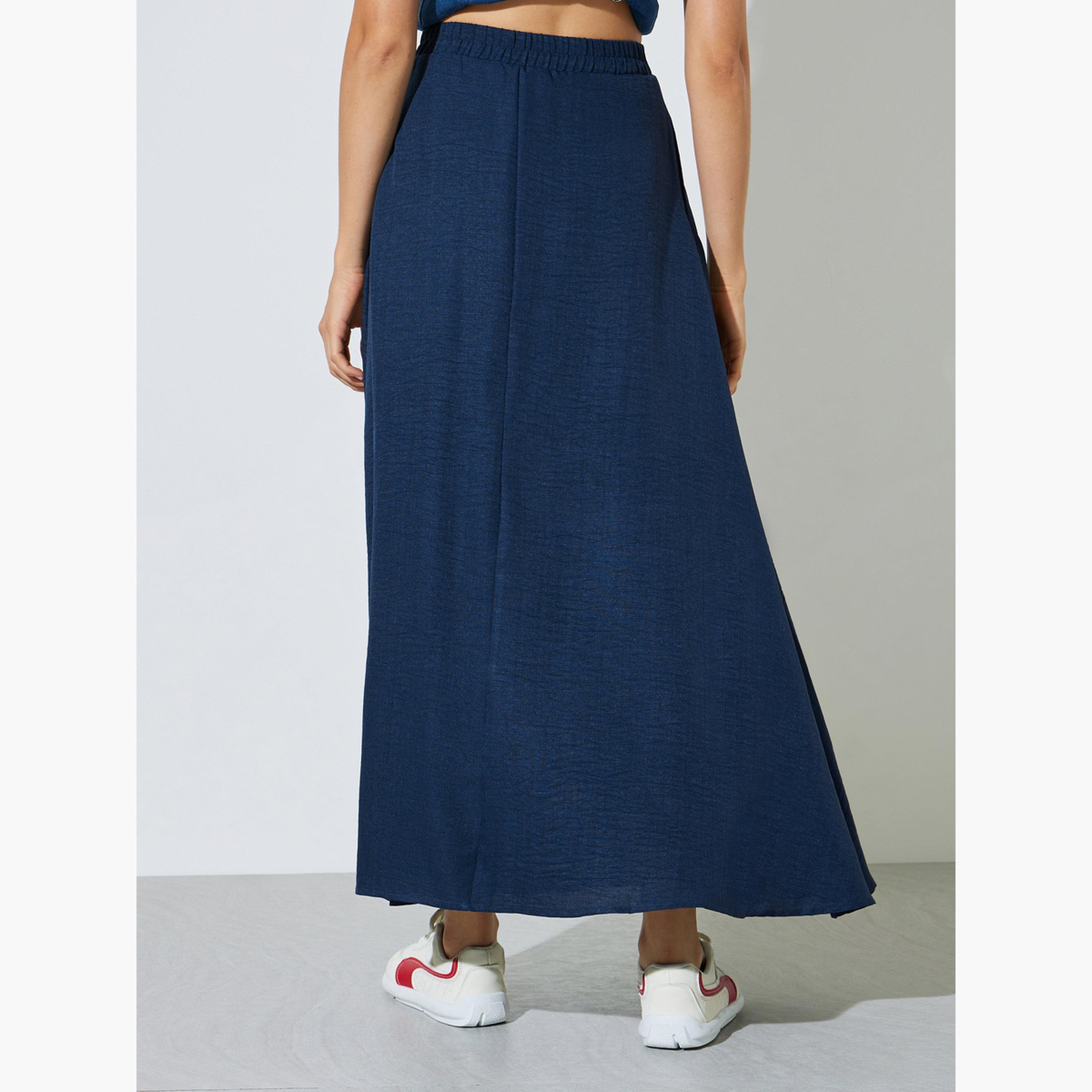 Styli Navy Blue Side Pocket detail A-Line Maxi Skirt-women-clothing-bottoms-skirts-image-4