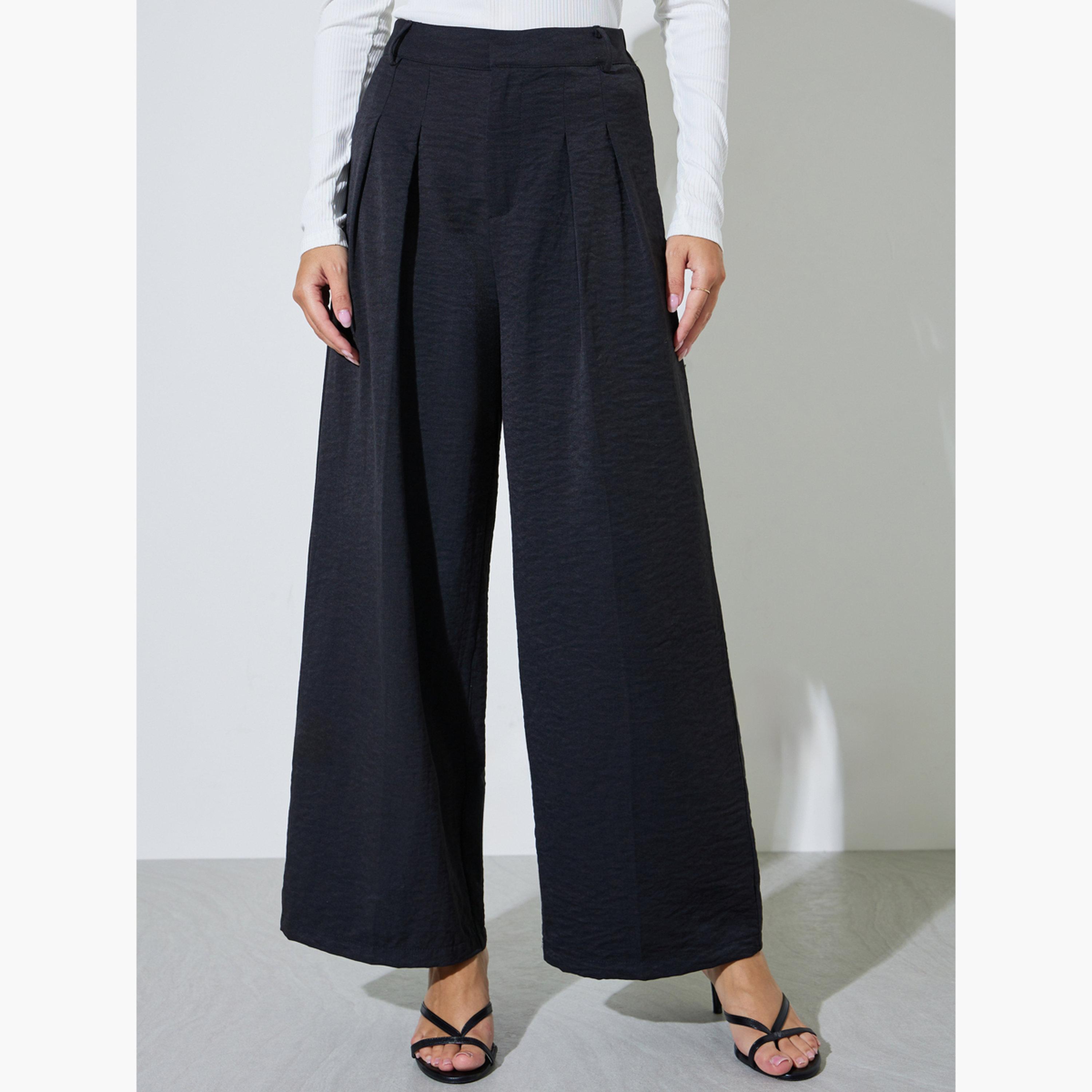 Styli Black Wide Leg with Pleat Detailing Formal Pants-women-clothing-bottoms-joggers-image-1