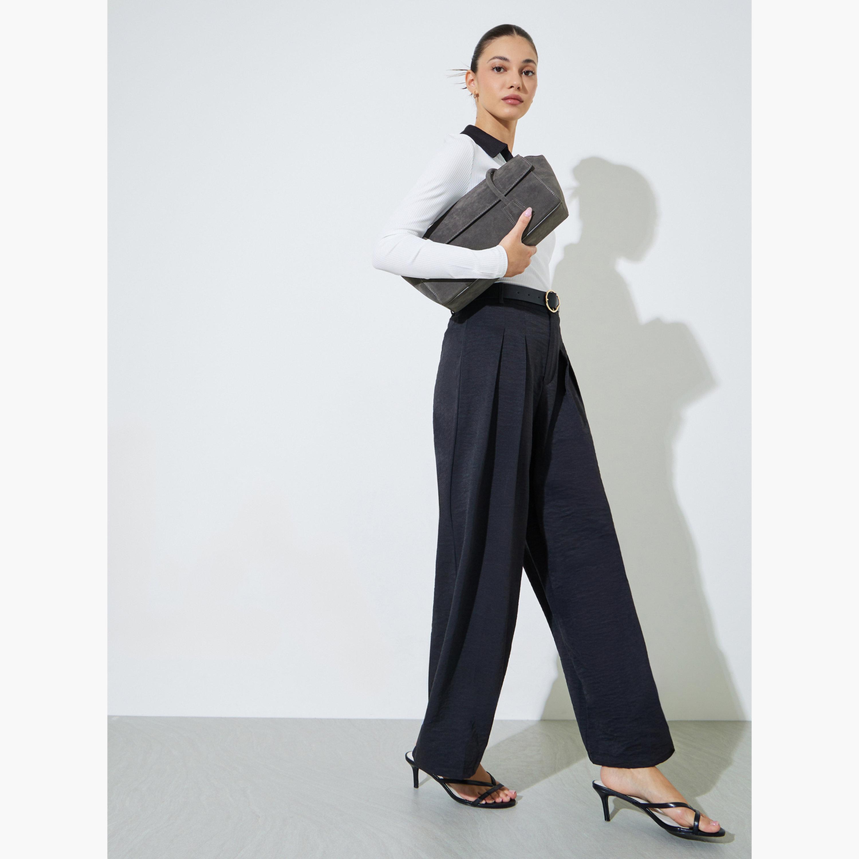 Styli Black Wide Leg with Pleat Detailing Formal Pants-women-clothing-bottoms-joggers-image-2