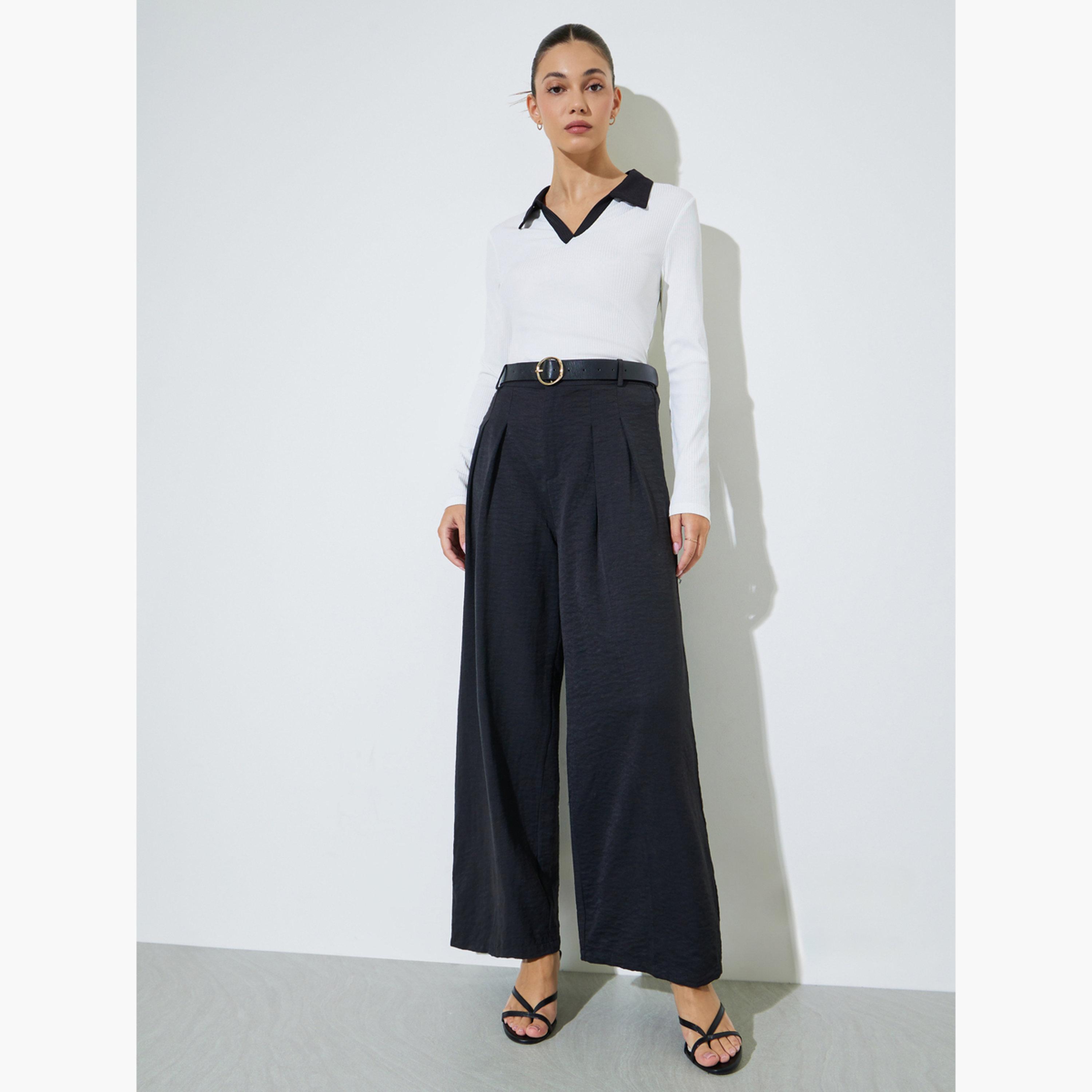Styli Black Wide Leg with Pleat Detailing Formal Pants-women-clothing-bottoms-joggers-image-5